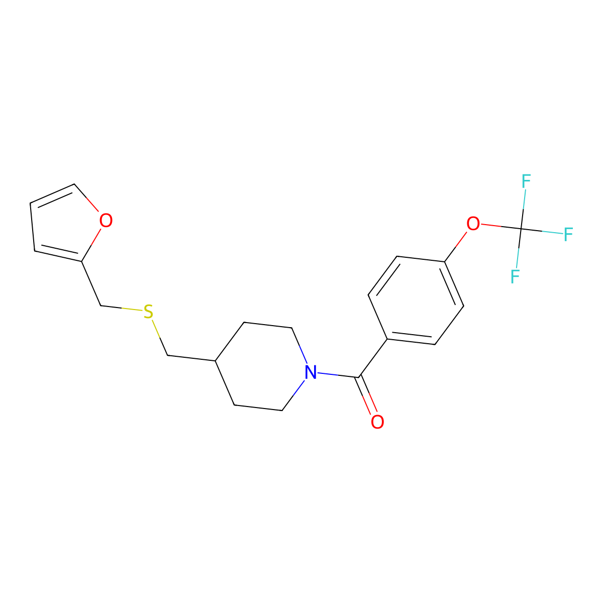 (4-(((Furan-2-ylmethyl)thio)methyl)piperidin-1-yl)(4-(trifluoromethoxy)phenyl)methanone molecular structure, CAS 1396757-98-4