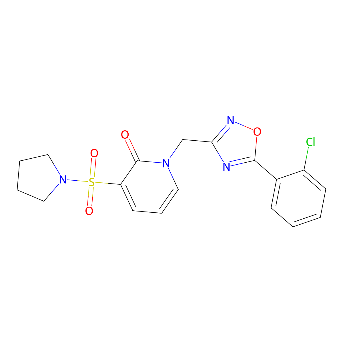 1-((5-(2-chlorophenyl)-1,2,4-oxadiazol-3-yl)methyl)-3-(pyrrolidin-1-ylsulfonyl)pyridin-2(1H)-one molecular structure, CAS 1396758-02-3