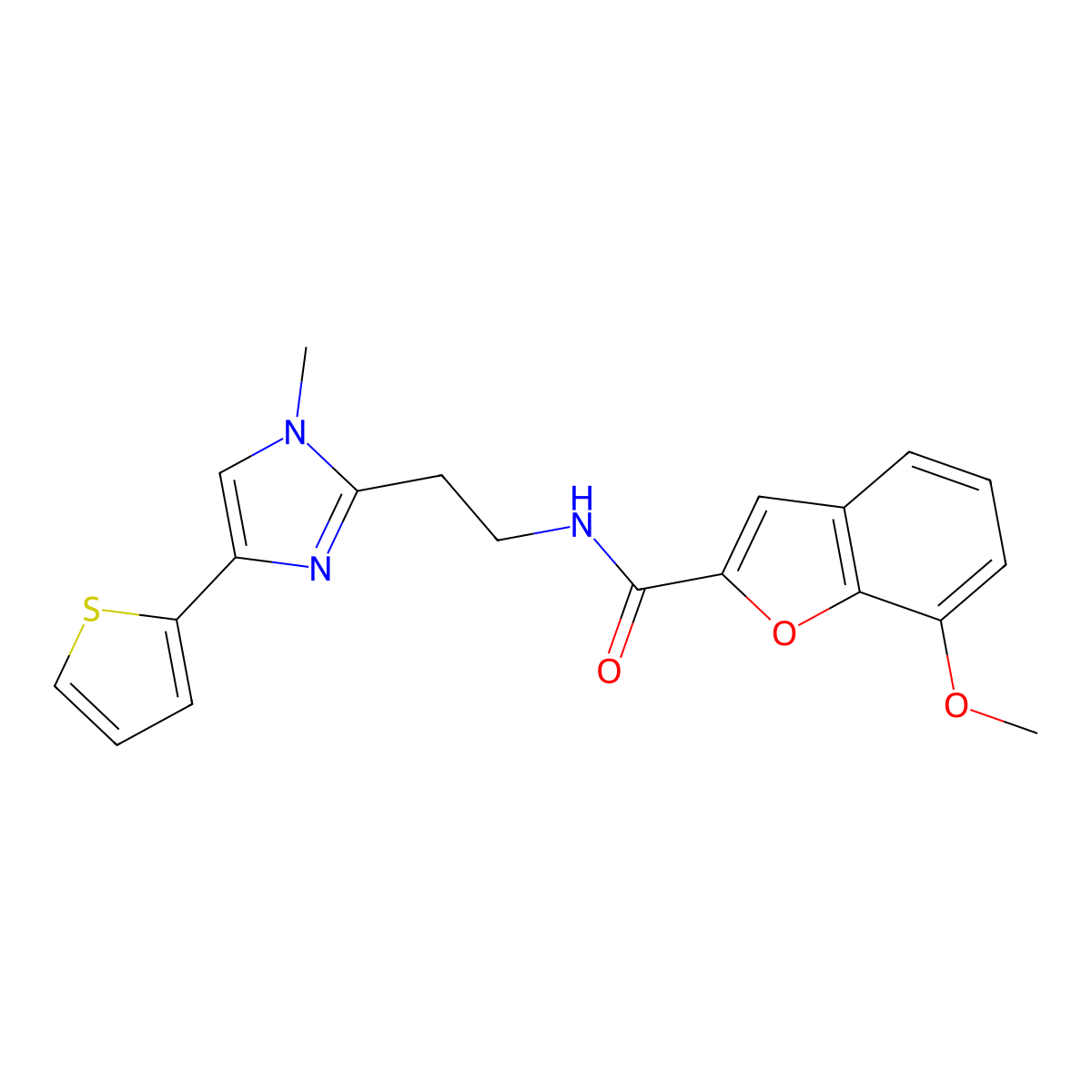 7-methoxy-N-(2-(1-methyl-4-(thiophen-2-yl)-1H-imidazol-2-yl)ethyl)benzofuran-2-carboxamide molecular structure, CAS 1396758-12-5