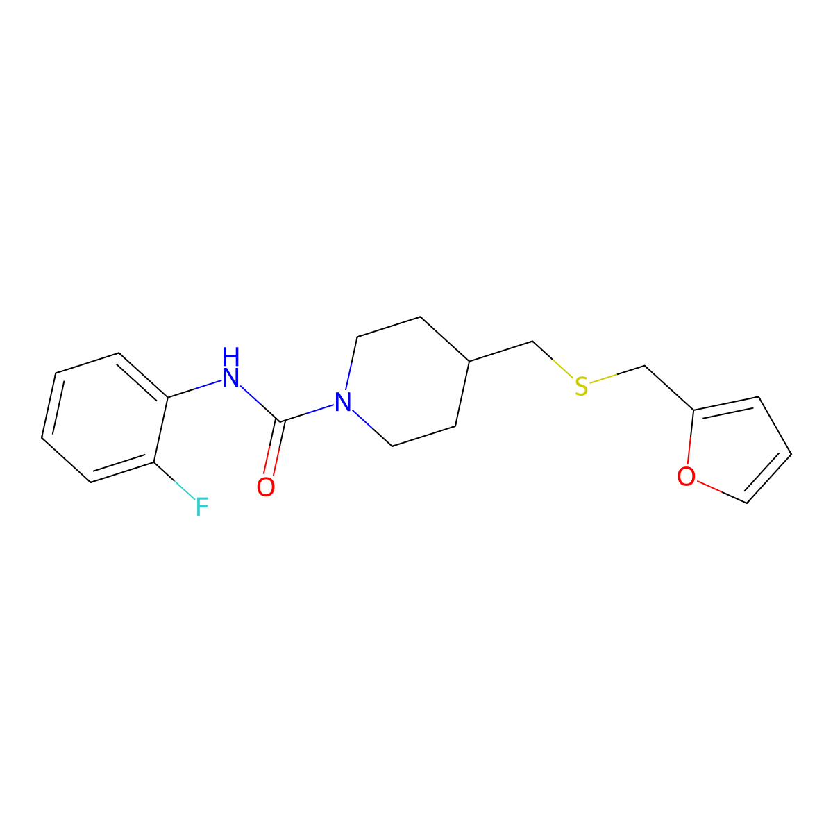 N-(2-fluorophenyl)-4-(((furan-2-ylmethyl)thio)methyl)piperidine-1-carboxamide molecular structure, CAS 1396758-15-8