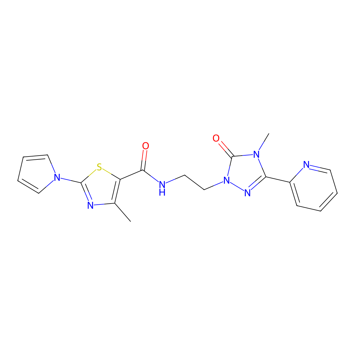 4-methyl-N-(2-(4-methyl-5-oxo-3-(pyridin-2-yl)-4,5-dihydro-1H-1,2,4-triazol-1-yl)ethyl)-2-(1H-pyrrol-1-yl)thiazole-5-carboxamide molecular structure, CAS 1396758-16-9