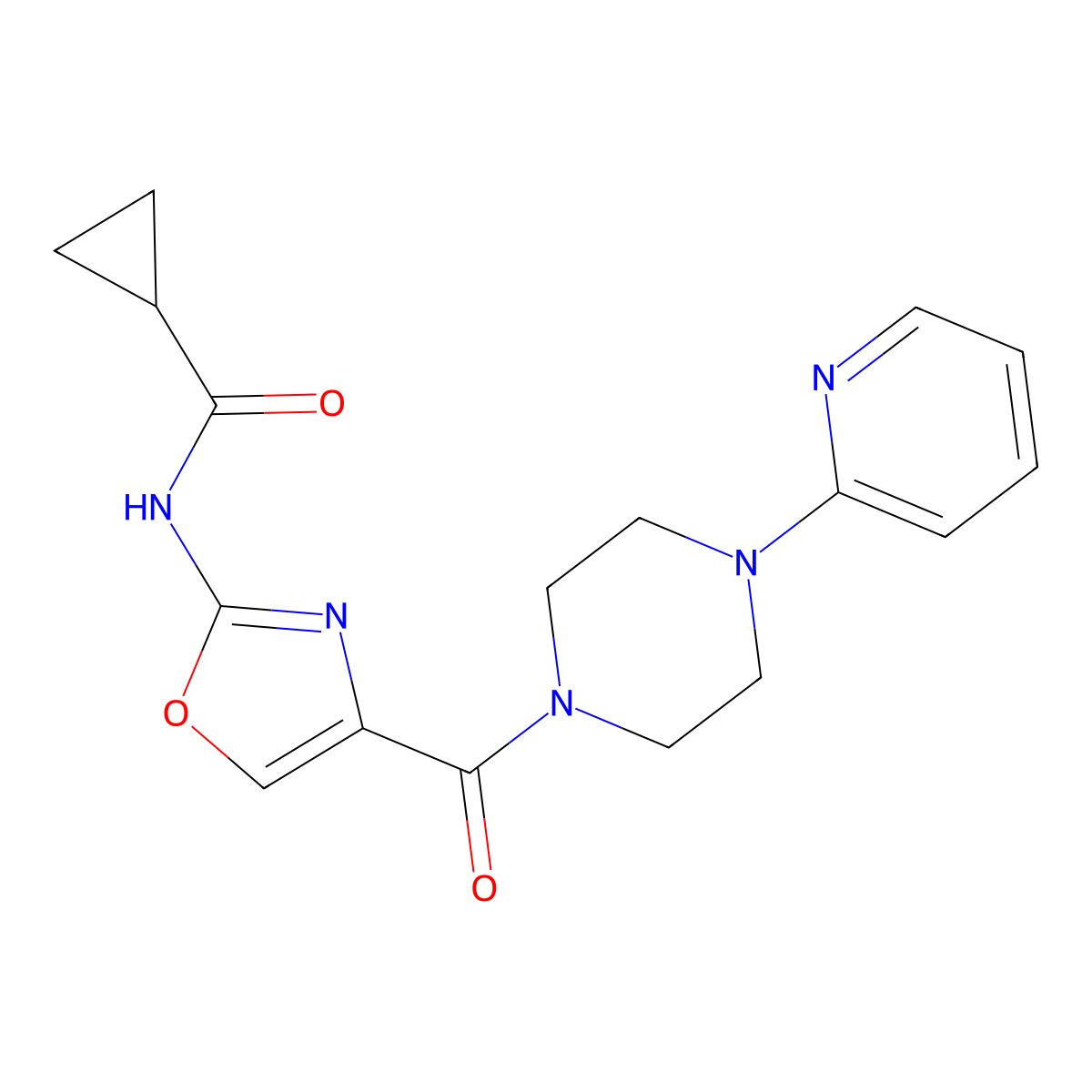 N-(4-(4-(pyridin-2-yl)piperazine-1-carbonyl)oxazol-2-yl)cyclopropanecarboxamide molecular structure, CAS 1396758-35-2