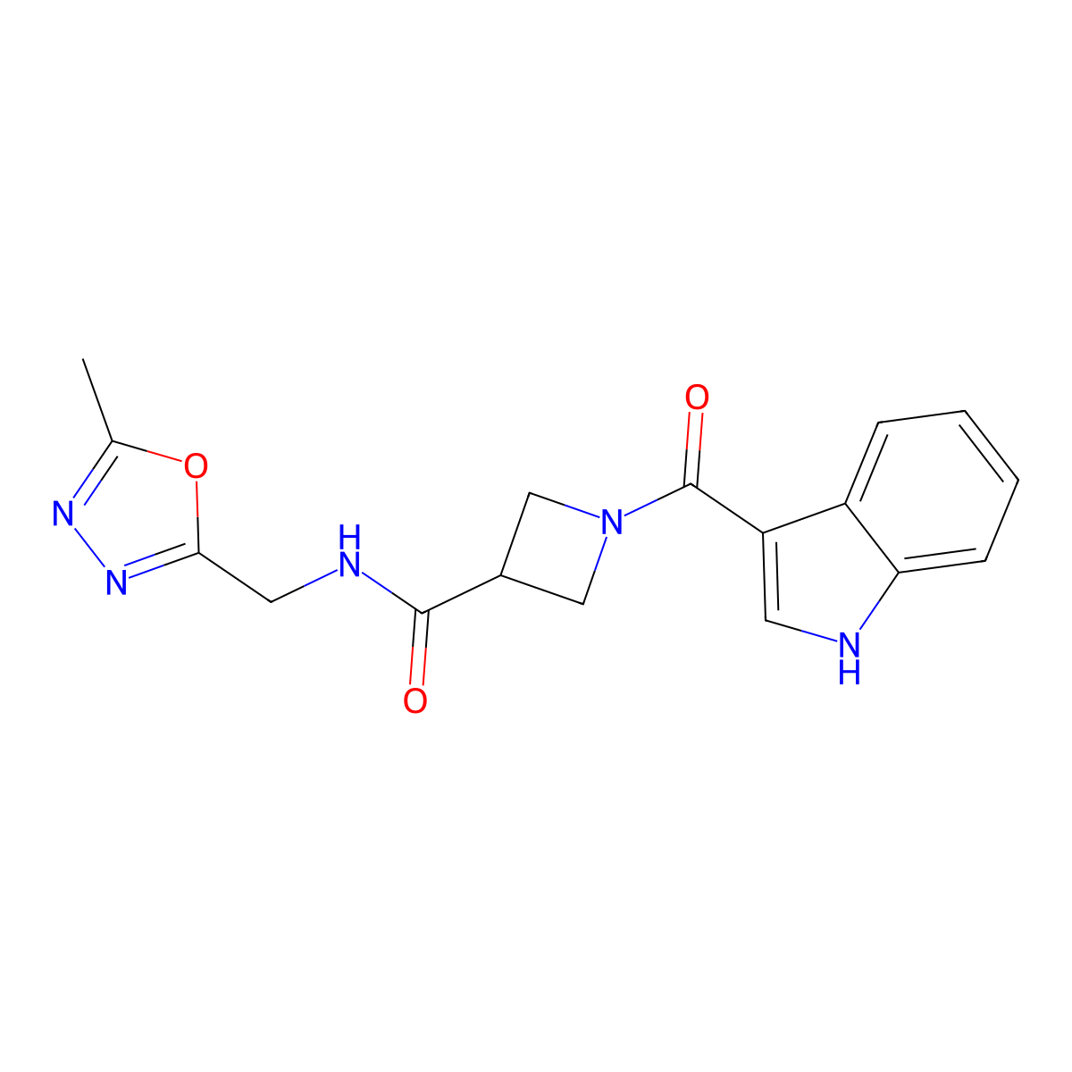 1-(1H-indole-3-carbonyl)-N-[(5-methyl-1,3,4-oxadiazol-2-yl)methyl]azetidine-3-carboxamide molecular structure, CAS 1396758-37-4
