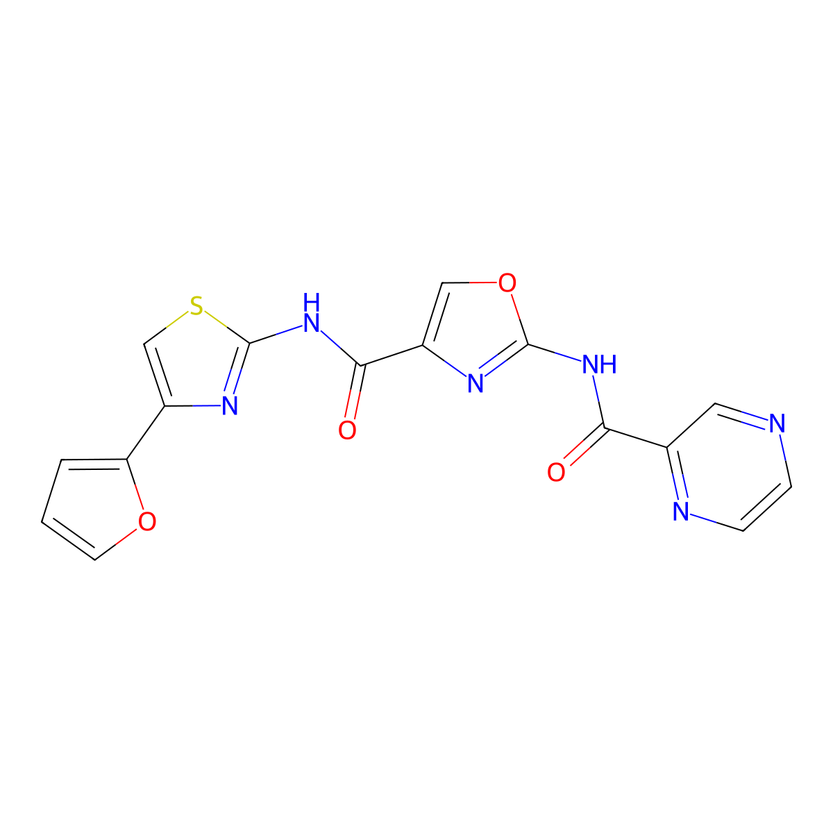 N-(4-(furan-2-yl)thiazol-2-yl)-2-(pyrazine-2-carboxamido)oxazole-4-carboxamide molecular structure, CAS 1396758-40-9