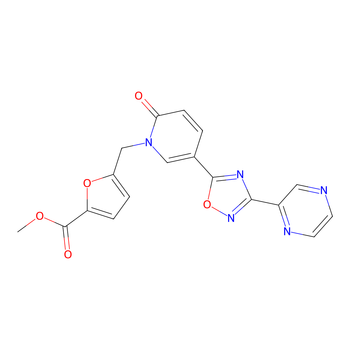 methyl 5-((2-oxo-5-(3-(pyrazin-2-yl)-1,2,4-oxadiazol-5-yl)pyridin-1(2H)-yl)methyl)furan-2-carboxylate molecular structure, CAS 1396758-56-7