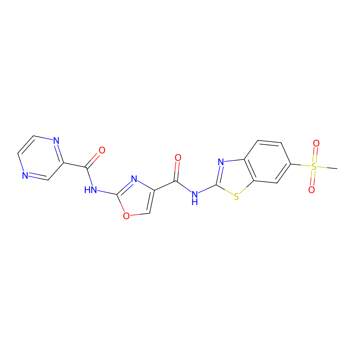 N-(6-(methylsulfonyl)benzo[d]thiazol-2-yl)-2-(pyrazine-2-carboxamido)oxazole-4-carboxamide molecular structure, CAS 1396758-62-5