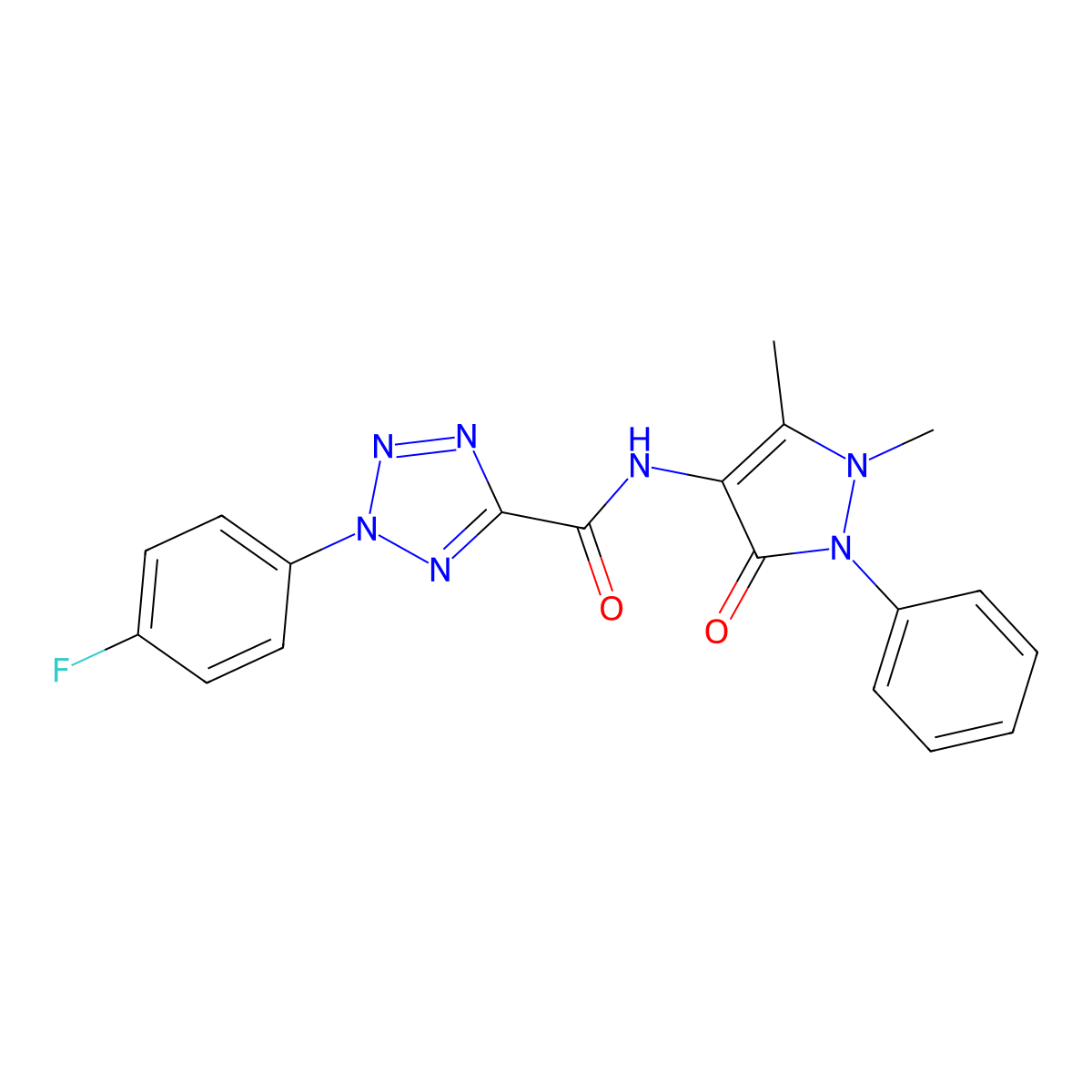 N-(1,5-dimethyl-3-oxo-2-phenyl-2,3-dihydro-1H-pyrazol-4-yl)-2-(4-fluorophenyl)-2H-tetrazole-5-carboxamide molecular structure, CAS 1396758-65-8