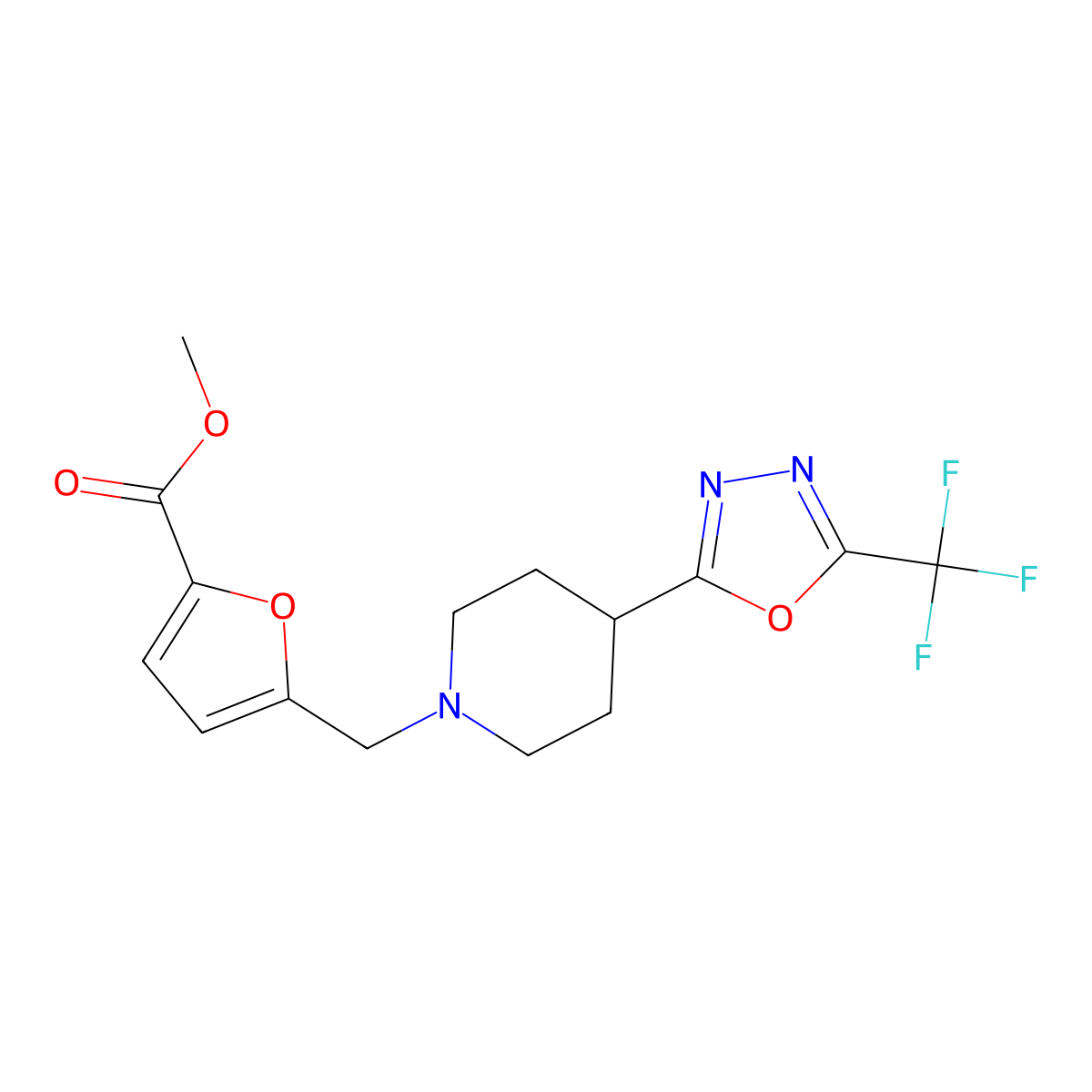 Methyl 5-({4-[5-(trifluoromethyl)-1,3,4-oxadiazol-2-yl]piperidin-1-yl}methyl)furan-2-carboxylate molecular structure, CAS 1396758-79-4