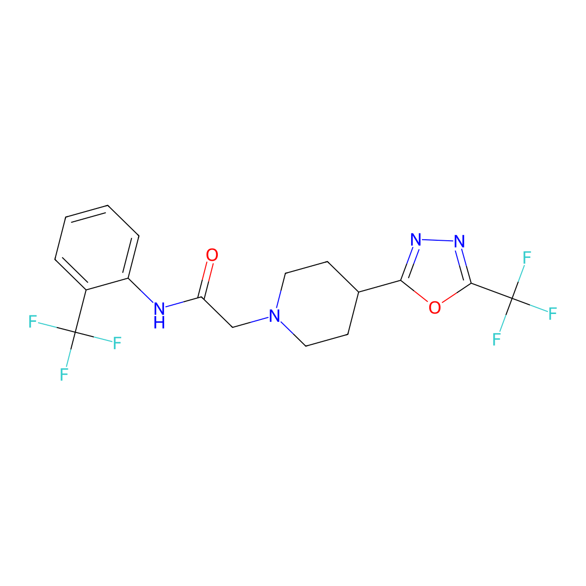 2-(4-(5-(trifluoromethyl)-1,3,4-oxadiazol-2-yl)piperidin-1-yl)-N-(2-(trifluoromethyl)phenyl)acetamide molecular structure, CAS 1396758-82-9
