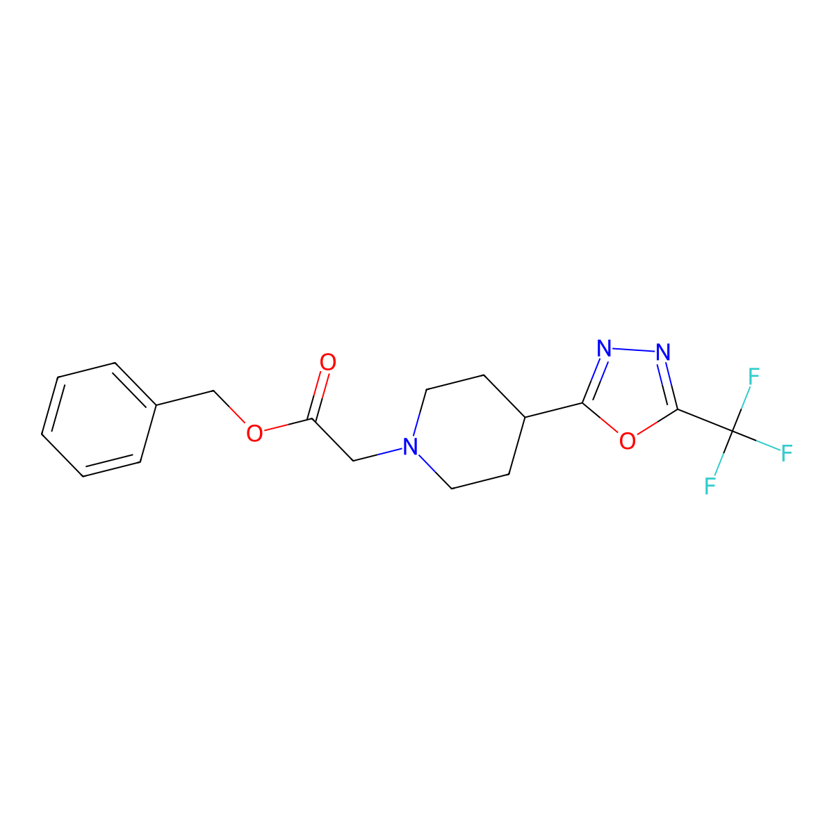 Benzyl 2-(4-(5-(trifluoromethyl)-1,3,4-oxadiazol-2-yl)piperidin-1-yl)acetate molecular structure, CAS 1396758-94-3