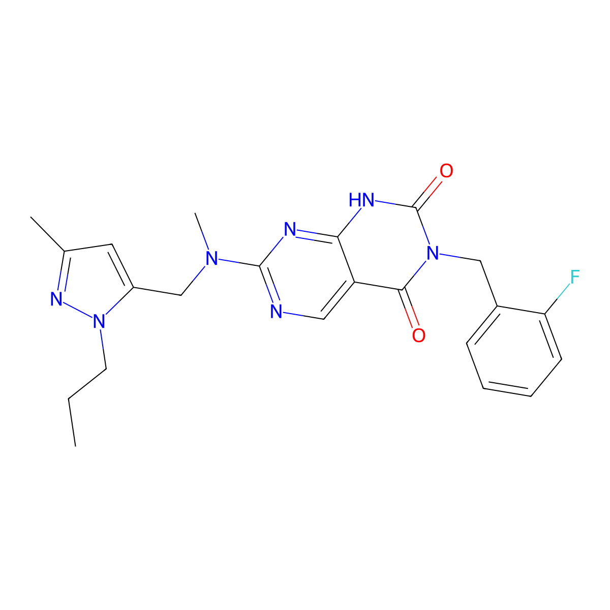 3-(2-fluorobenzyl)-7-{methyl[(3-methyl-1-propyl-1H-pyrazol-5-yl)methyl]amino}pyrimido[4,5-d]pyrimidine-2,4(1H,3H)-dione molecular structure, CAS 1396758-95-4