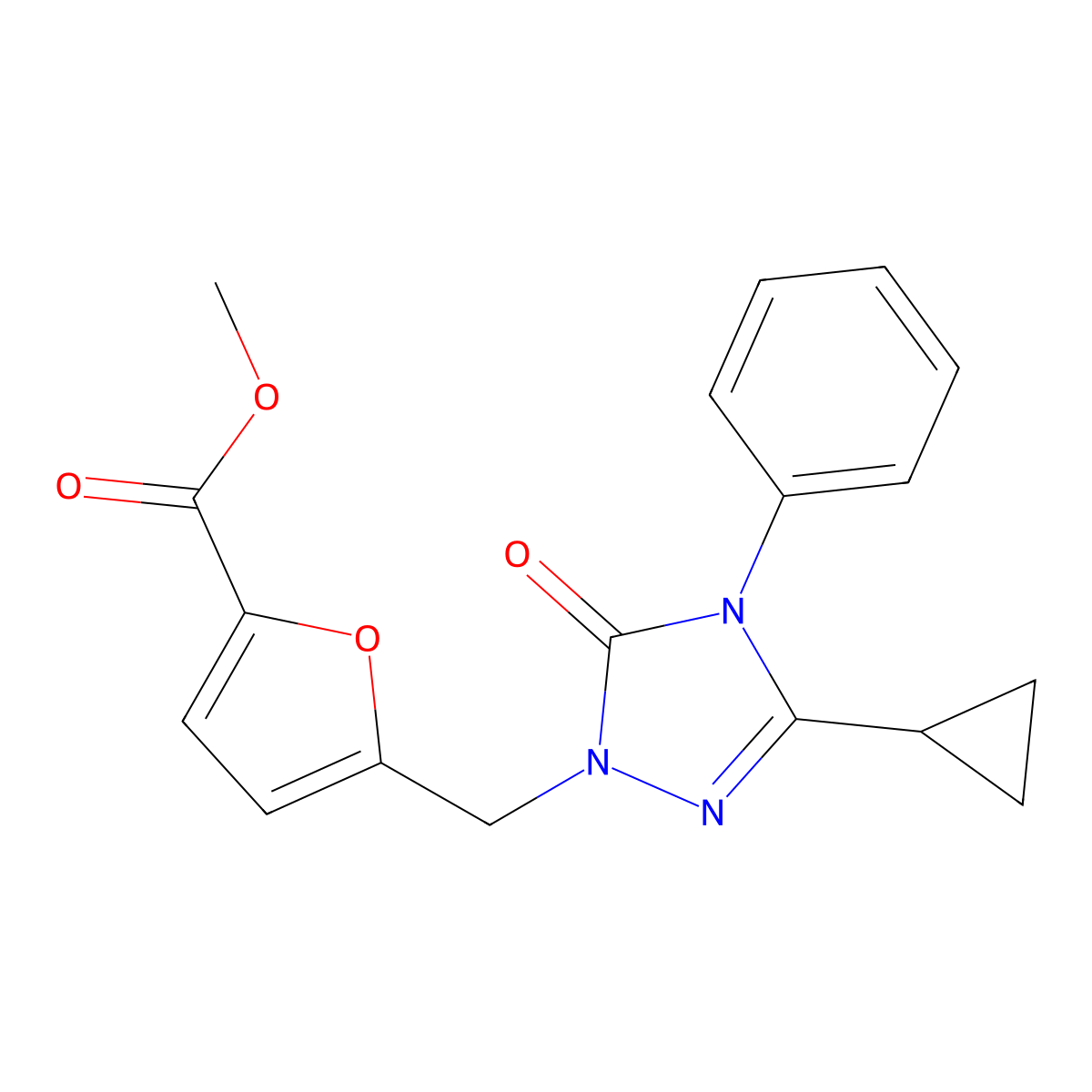 methyl 5-[(3-cyclopropyl-5-oxo-4-phenyl-4,5-dihydro-1H-1,2,4-triazol-1-yl)methyl]furan-2-carboxylate molecular structure, CAS 1396759-00-4