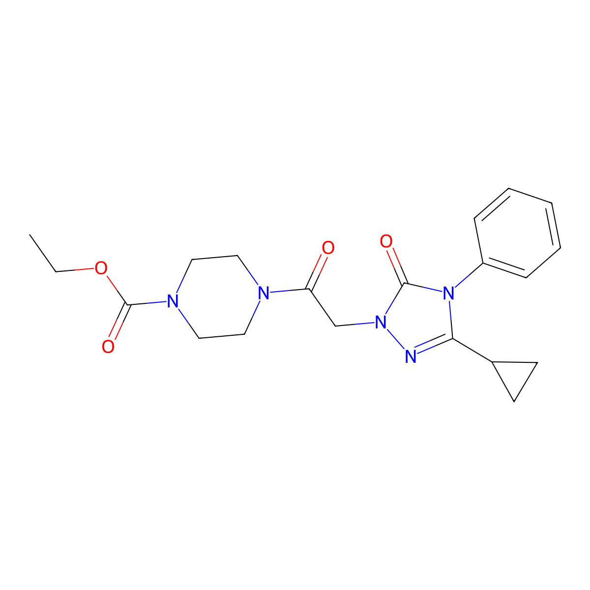 ethyl 4-[2-(3-cyclopropyl-5-oxo-4-phenyl-4,5-dihydro-1H-1,2,4-triazol-1-yl)acetyl]piperazine-1-carboxylate molecular structure, CAS 1396759-07-1