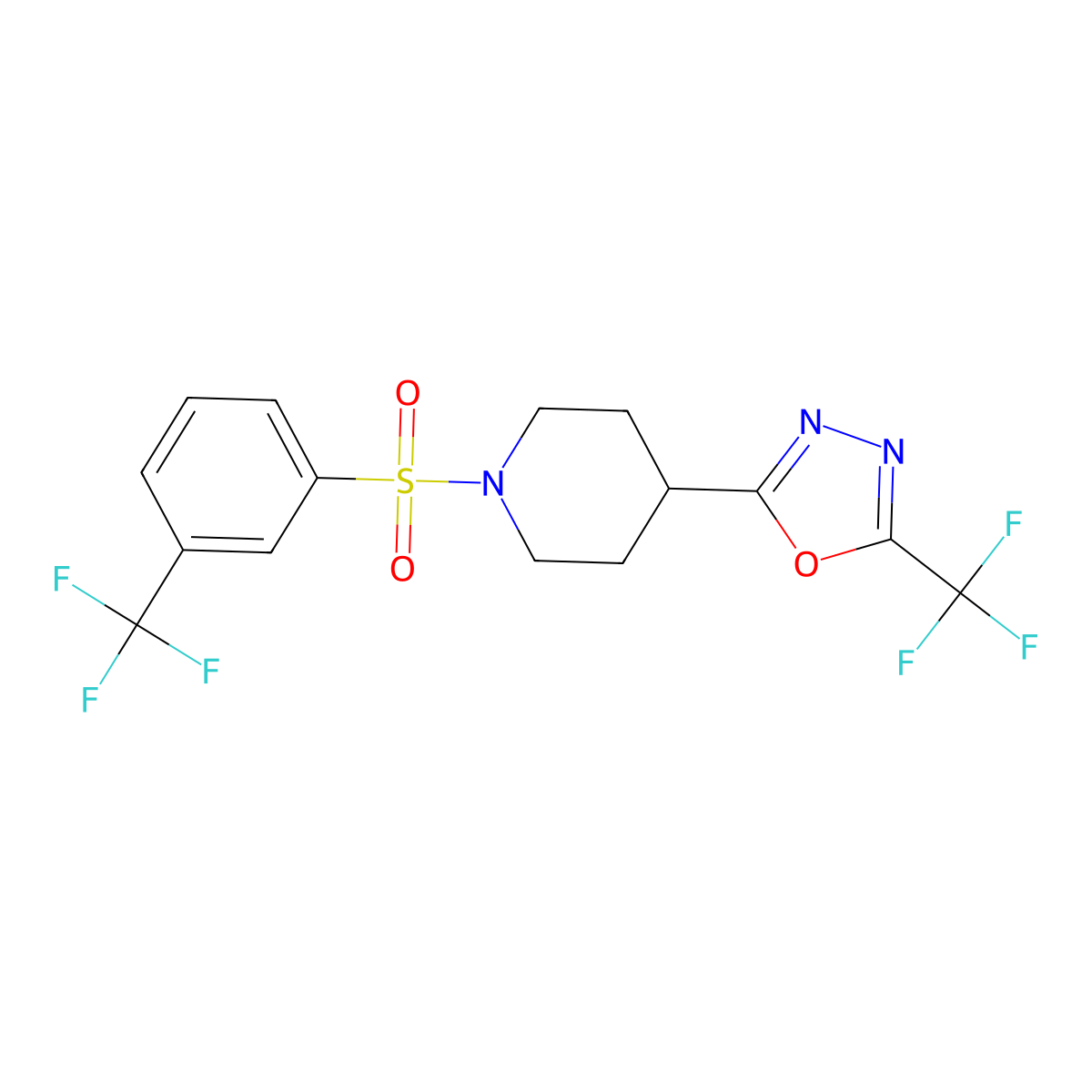 2-(Trifluoromethyl)-5-(1-((3-(trifluoromethyl)phenyl)sulfonyl)piperidin-4-yl)-1,3,4-oxadiazole molecular structure, CAS 1396759-10-6