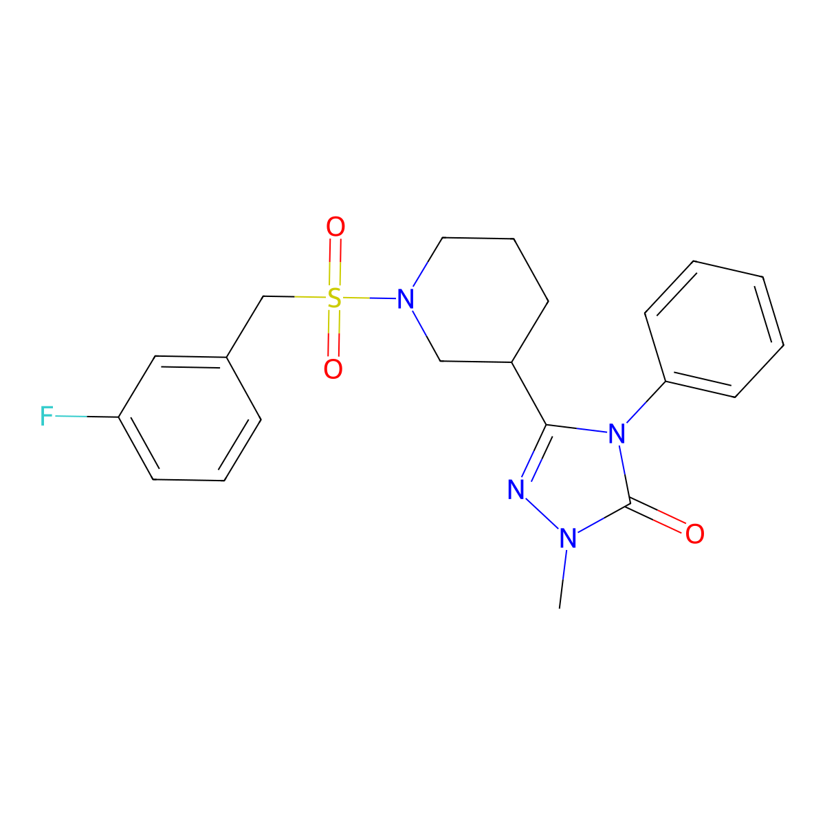 3-(1-((3-fluorobenzyl)sulfonyl)piperidin-3-yl)-1-methyl-4-phenyl-1H-1,2,4-triazol-5(4H)-one molecular structure, CAS 1396759-19-5