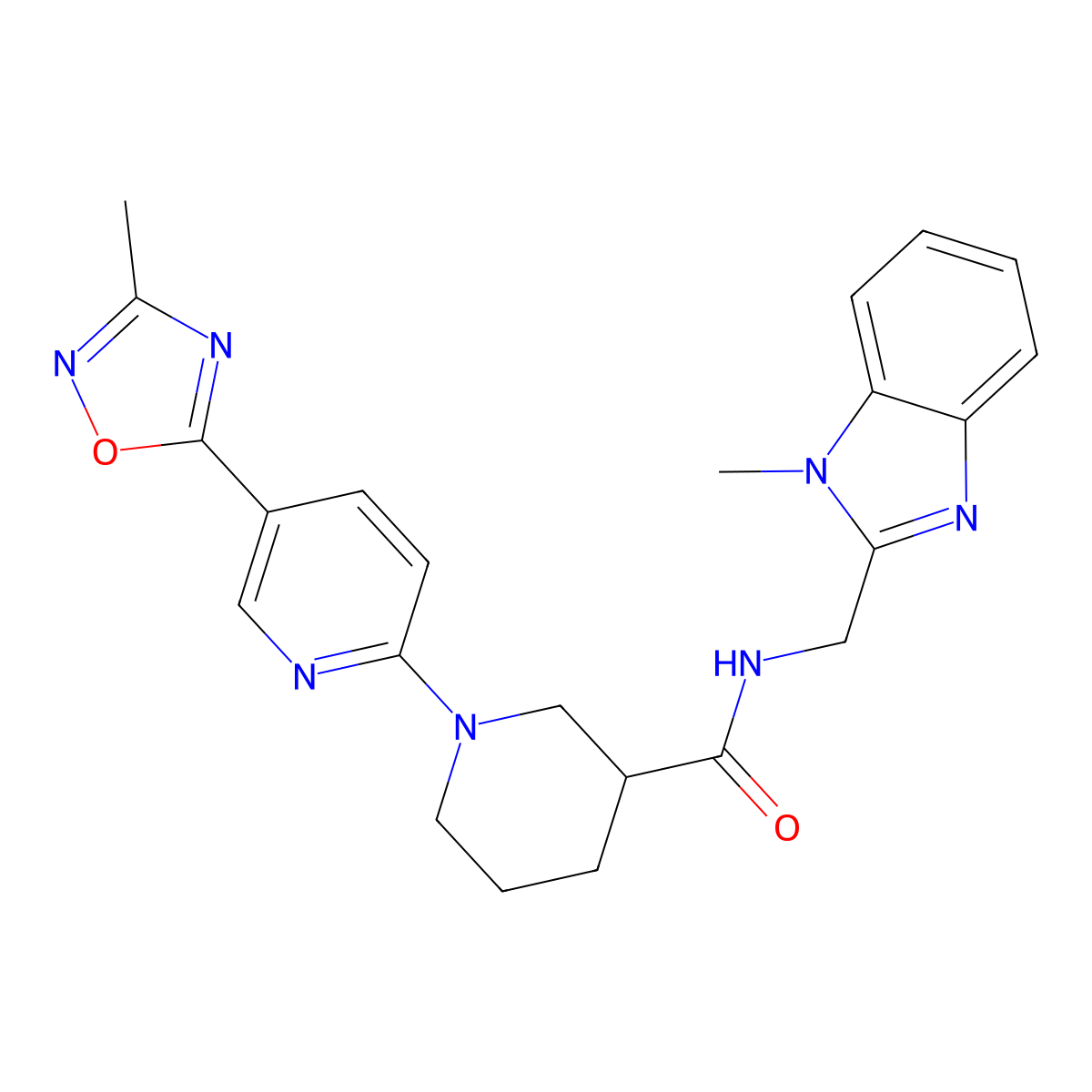 1-(5-(3-methyl-1,2,4-oxadiazol-5-yl)pyridin-2-yl)-N-((1-methyl-1H-benzo[d]imidazol-2-yl)methyl)piperidine-3-carboxamide molecular structure, CAS 1396759-20-8