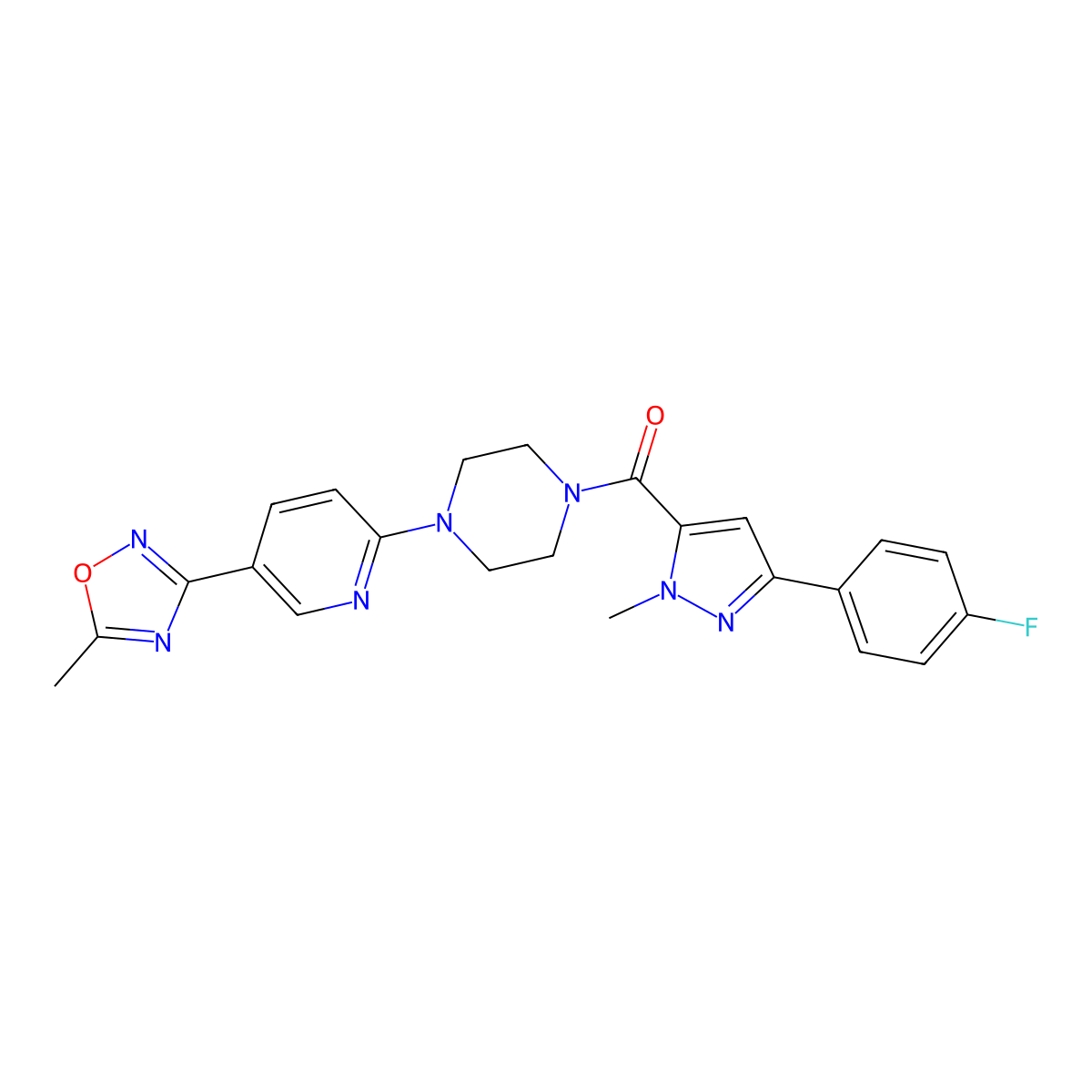 (3-(4-fluorophenyl)-1-methyl-1H-pyrazol-5-yl)(4-(5-(5-methyl-1,2,4-oxadiazol-3-yl)pyridin-2-yl)piperazin-1-yl)methanone molecular structure, CAS 1396759-22-0