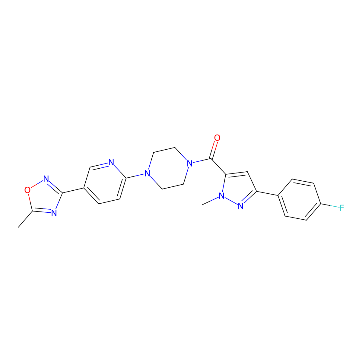 (3-(4-fluorophenyl)-1-methyl-1H-pyrazol-5-yl)(4-(5-(5-methyl-1,2,4-oxadiazol-3-yl)pyridin-2-yl)piperazin-1-yl)methanone molecular structure, CAS 1396759-22-0