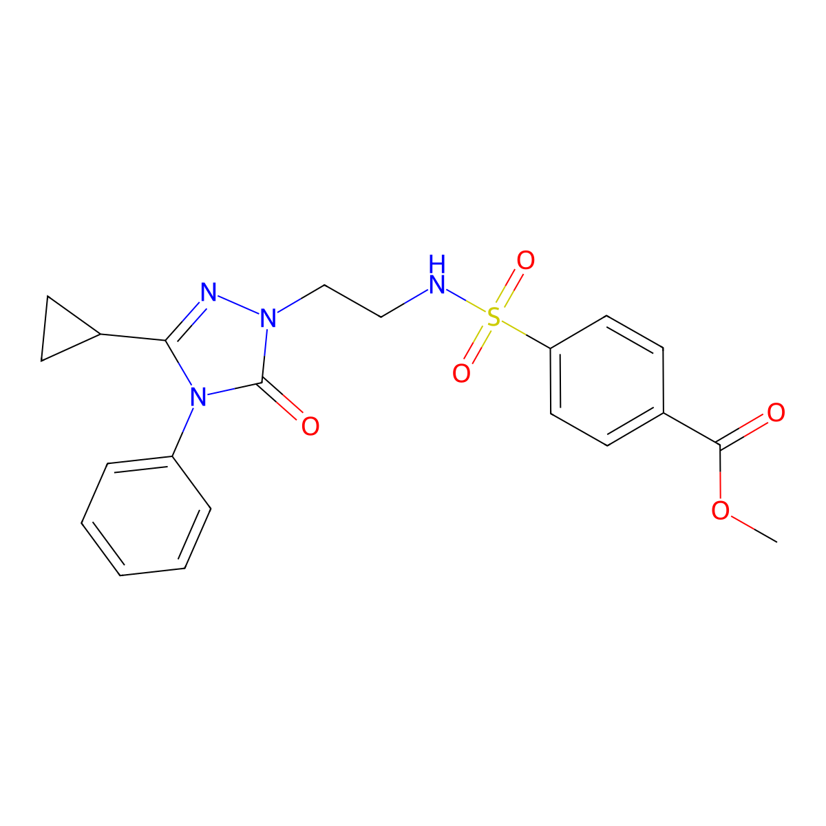 methyl 4-(N-(2-(3-cyclopropyl-5-oxo-4-phenyl-4,5-dihydro-1H-1,2,4-triazol-1-yl)ethyl)sulfamoyl)benzoate molecular structure, CAS 1396759-23-1