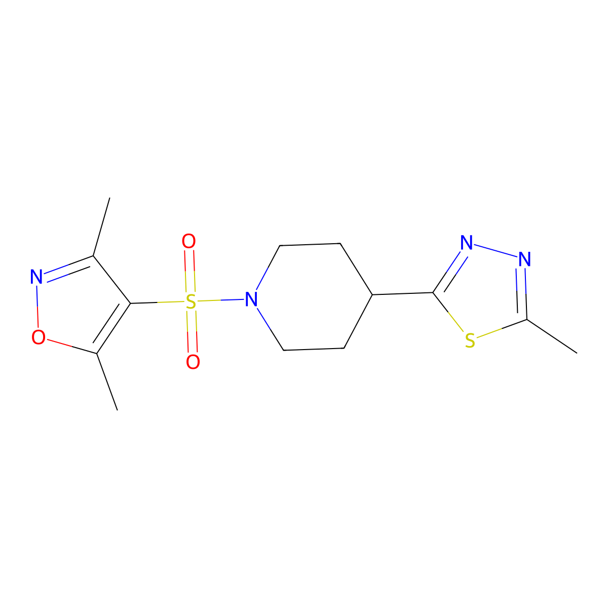 3,5-Dimethyl-4-((4-(5-methyl-1,3,4-thiadiazol-2-yl)piperidin-1-yl)sulfonyl)isoxazole molecular structure, CAS 1396759-31-1