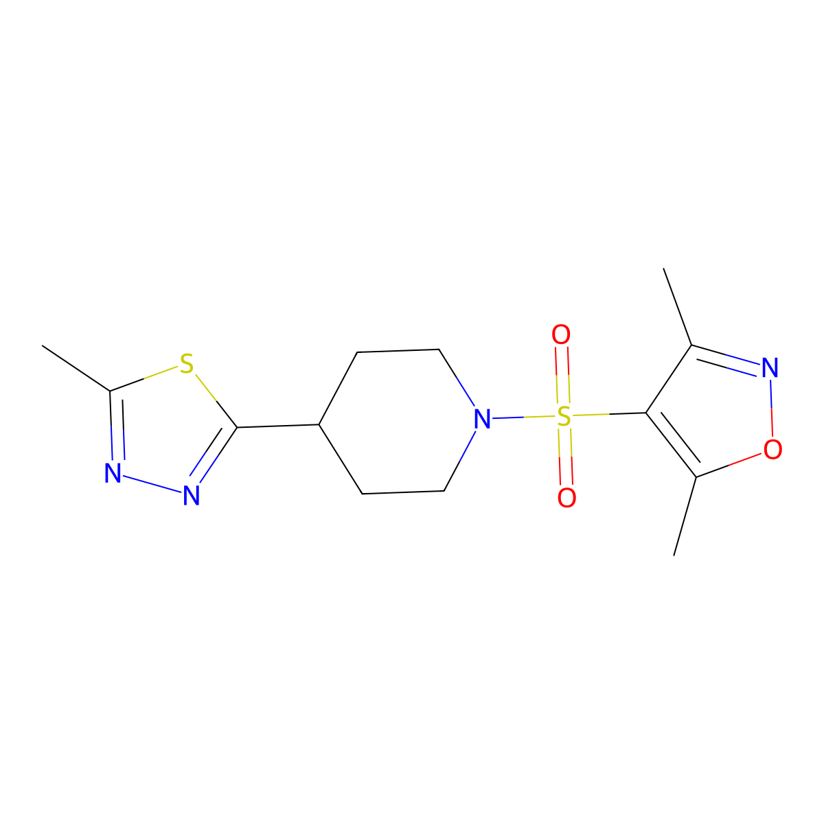 3,5-Dimethyl-4-((4-(5-methyl-1,3,4-thiadiazol-2-yl)piperidin-1-yl)sulfonyl)isoxazole molecular structure, CAS 1396759-31-1
