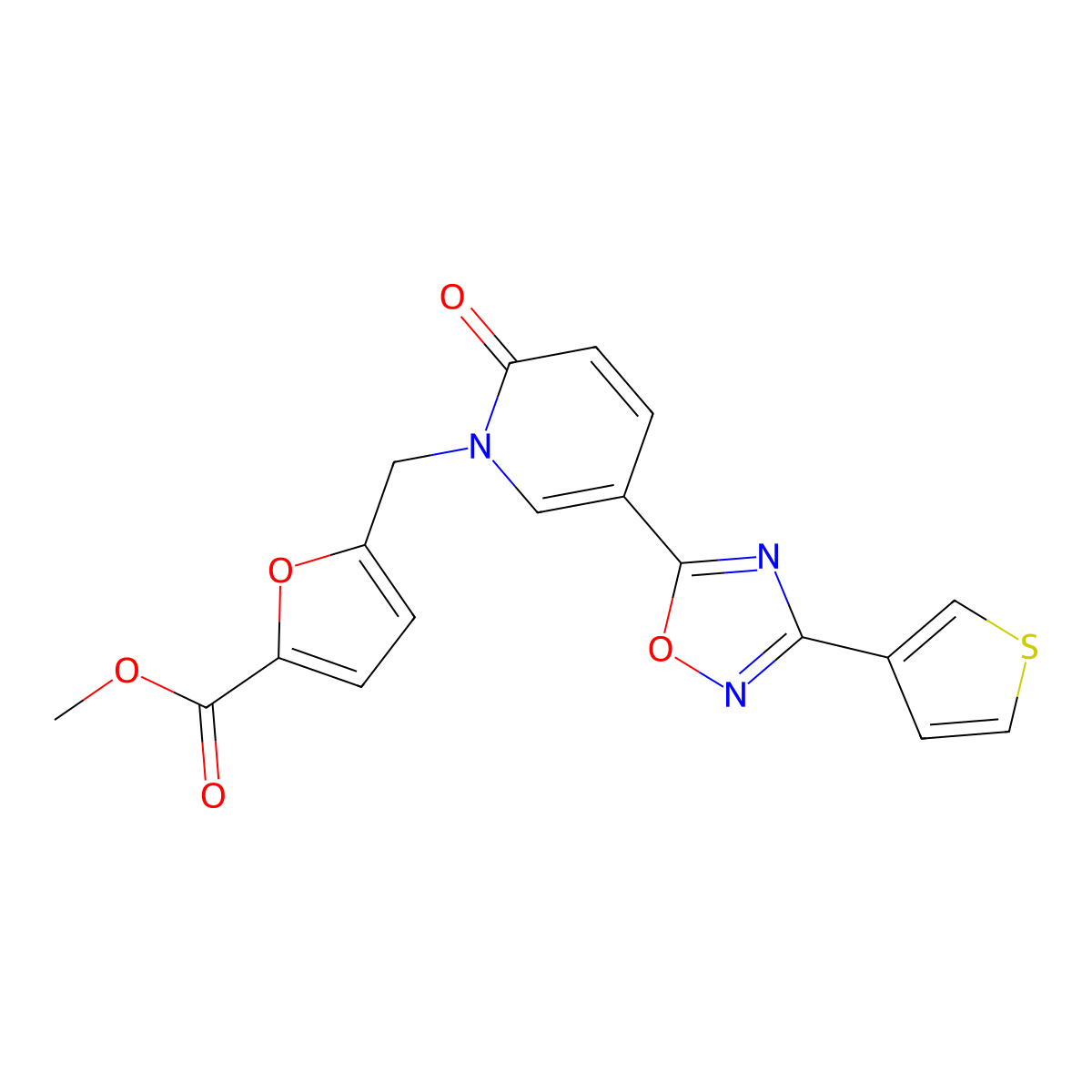methyl 5-((2-oxo-5-(3-(thiophen-3-yl)-1,2,4-oxadiazol-5-yl)pyridin-1(2H)-yl)methyl)furan-2-carboxylate molecular structure, CAS 1396759-37-7