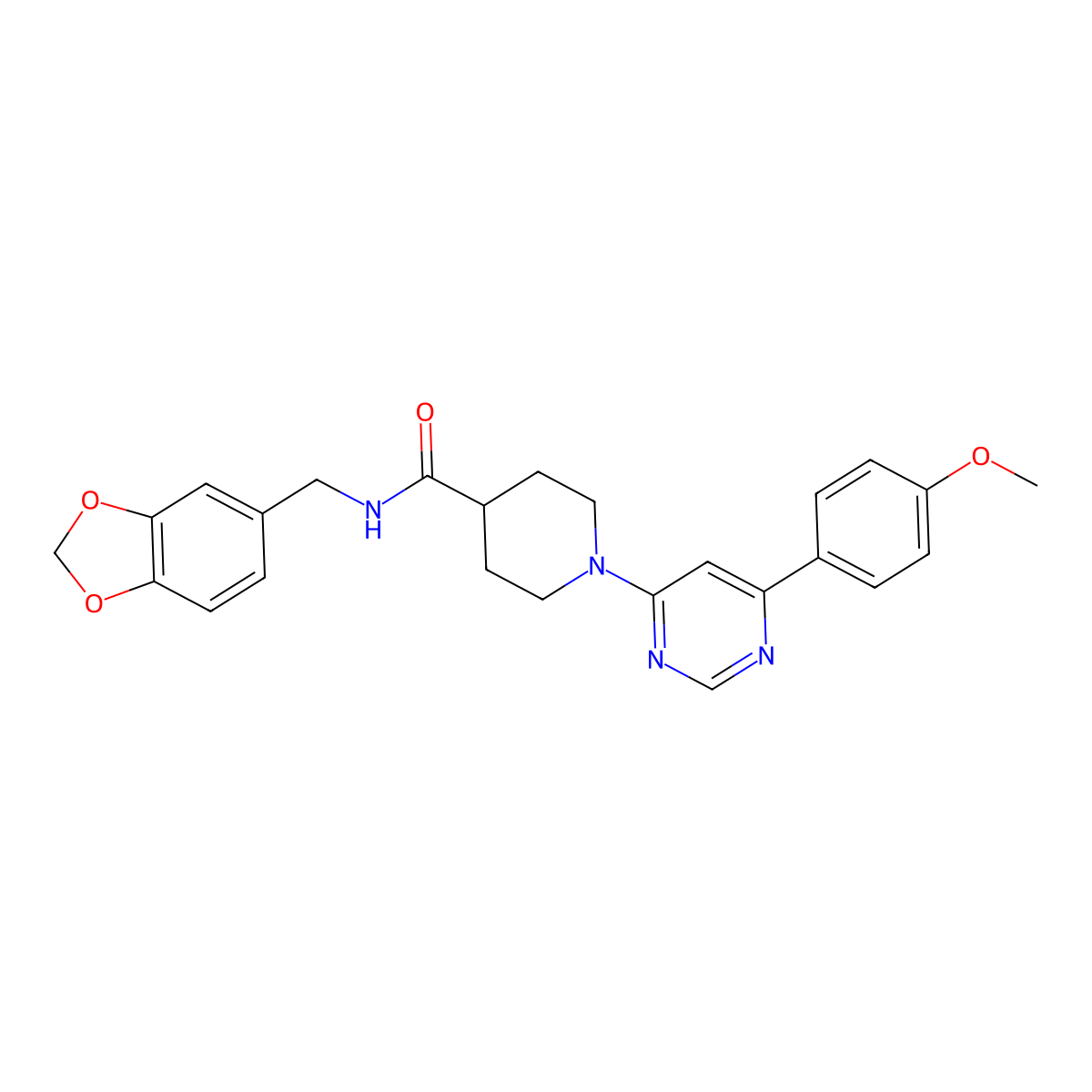 N-(benzo[d][1,3]dioxol-5-ylmethyl)-1-(6-(4-methoxyphenyl)pyrimidin-4-yl)piperidine-4-carboxamide molecular structure, CAS 1396759-51-5