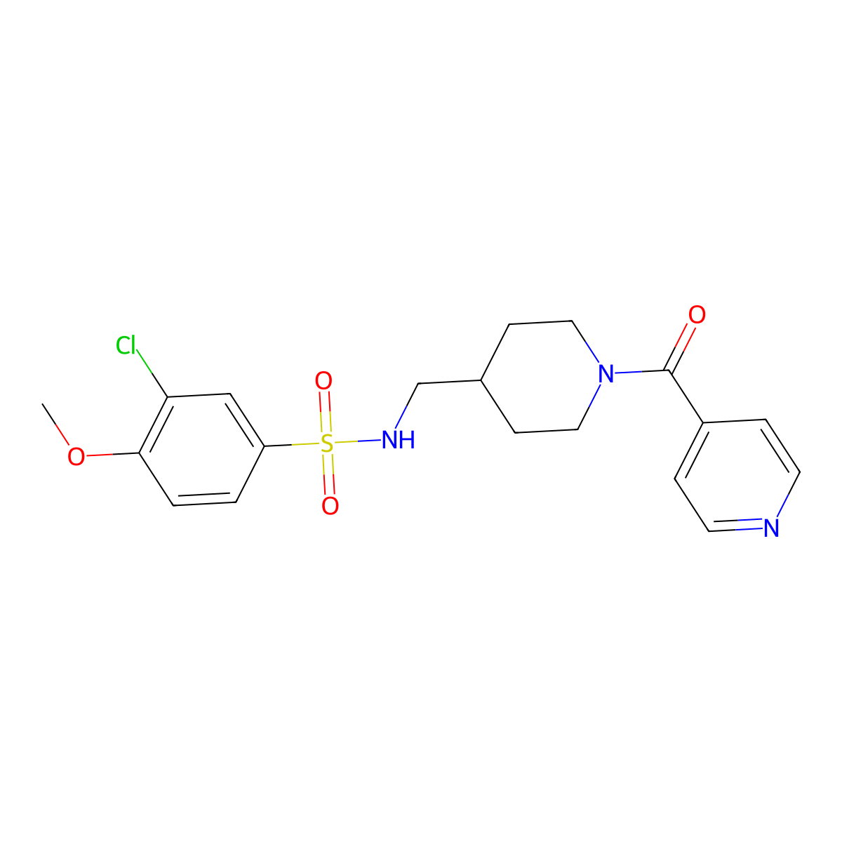 3-chloro-N-((1-isonicotinoylpiperidin-4-yl)methyl)-4-methoxybenzenesulfonamide molecular structure, CAS 1396759-94-6
