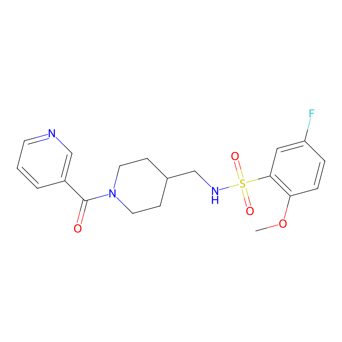 5-fluoro-2-methoxy-N-((1-nicotinoylpiperidin-4-yl)methyl)benzenesulfonamide molecular structure, CAS 1396760-03-4