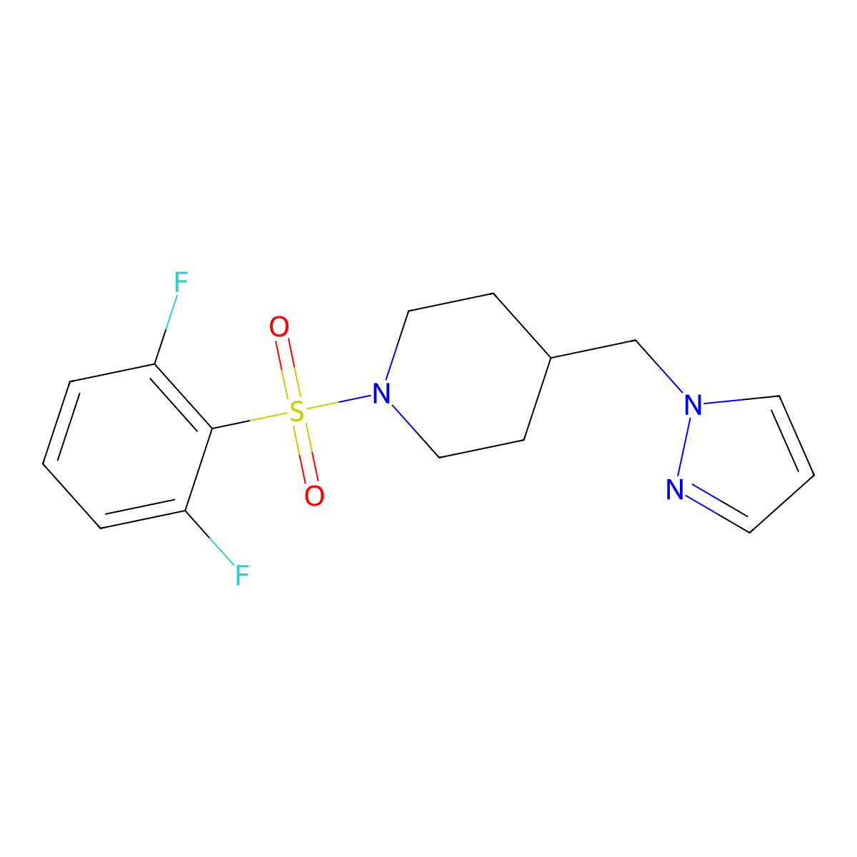 4-((1H-pyrazol-1-yl)methyl)-1-((2,6-difluorophenyl)sulfonyl)piperidine molecular structure, CAS 1396760-04-5