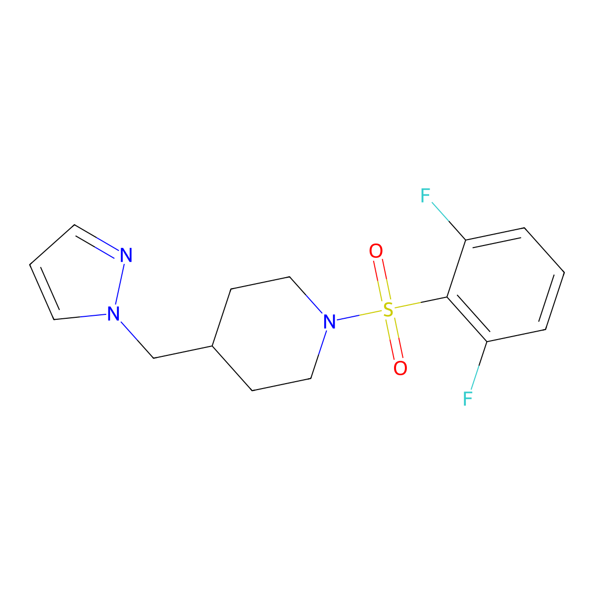 4-((1H-pyrazol-1-yl)methyl)-1-((2,6-difluorophenyl)sulfonyl)piperidine molecular structure, CAS 1396760-04-5