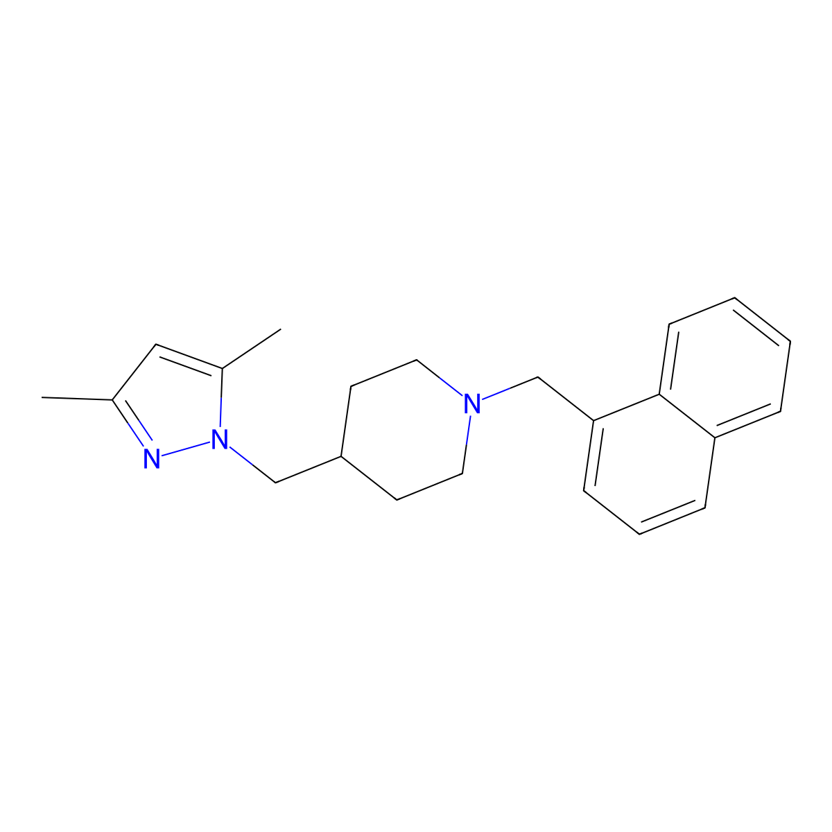 4-((3,5-dimethyl-1H-pyrazol-1-yl)methyl)-1-(naphthalen-1-ylmethyl)piperidine molecular structure, CAS 1396760-11-4