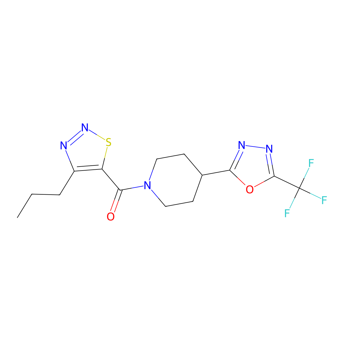 (4-Propyl-1,2,3-thiadiazol-5-yl)(4-(5-(trifluoromethyl)-1,3,4-oxadiazol-2-yl)piperidin-1-yl)methanone molecular structure, CAS 1396760-13-6