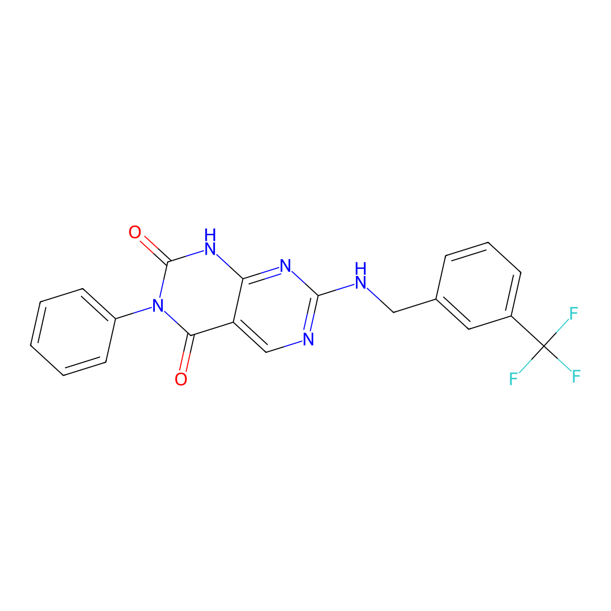 3-phenyl-7-((3-(trifluoromethyl)benzyl)amino)pyrimido[4,5-d]pyrimidine-2,4(1H,3H)-dione molecular structure, CAS 1396760-22-7