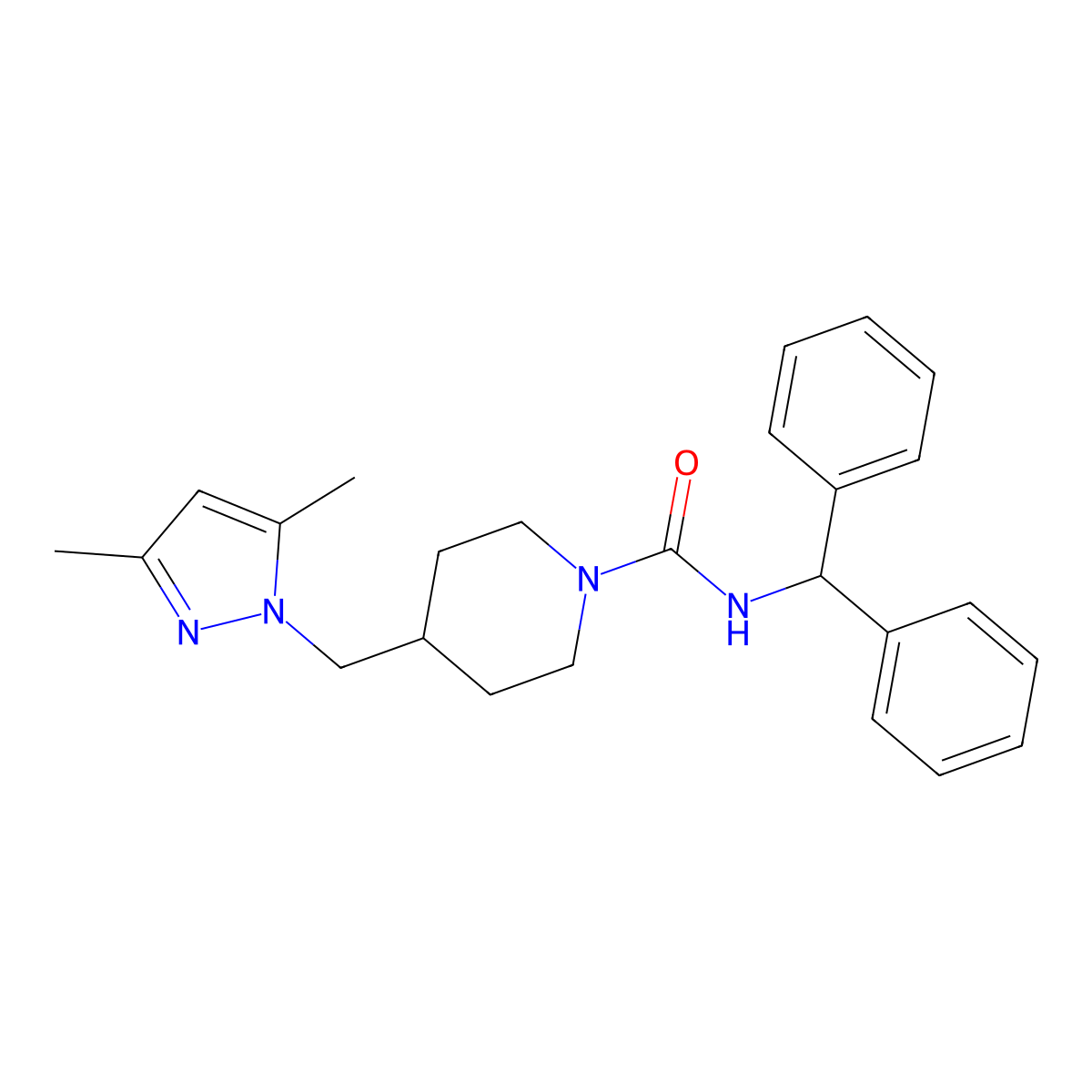 4-[(3,5-dimethyl-1H-pyrazol-1-yl)methyl]-N-(diphenylmethyl)piperidine-1-carboxamide molecular structure, CAS 1396760-26-1
