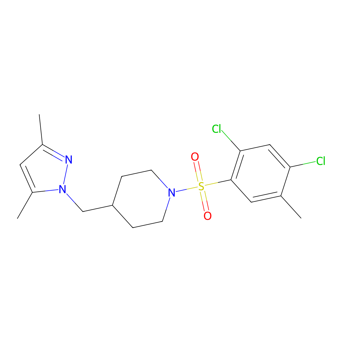 1-((2,4-dichloro-5-methylphenyl)sulfonyl)-4-((3,5-dimethyl-1H-pyrazol-1-yl)methyl)piperidine molecular structure, CAS 1396760-30-7