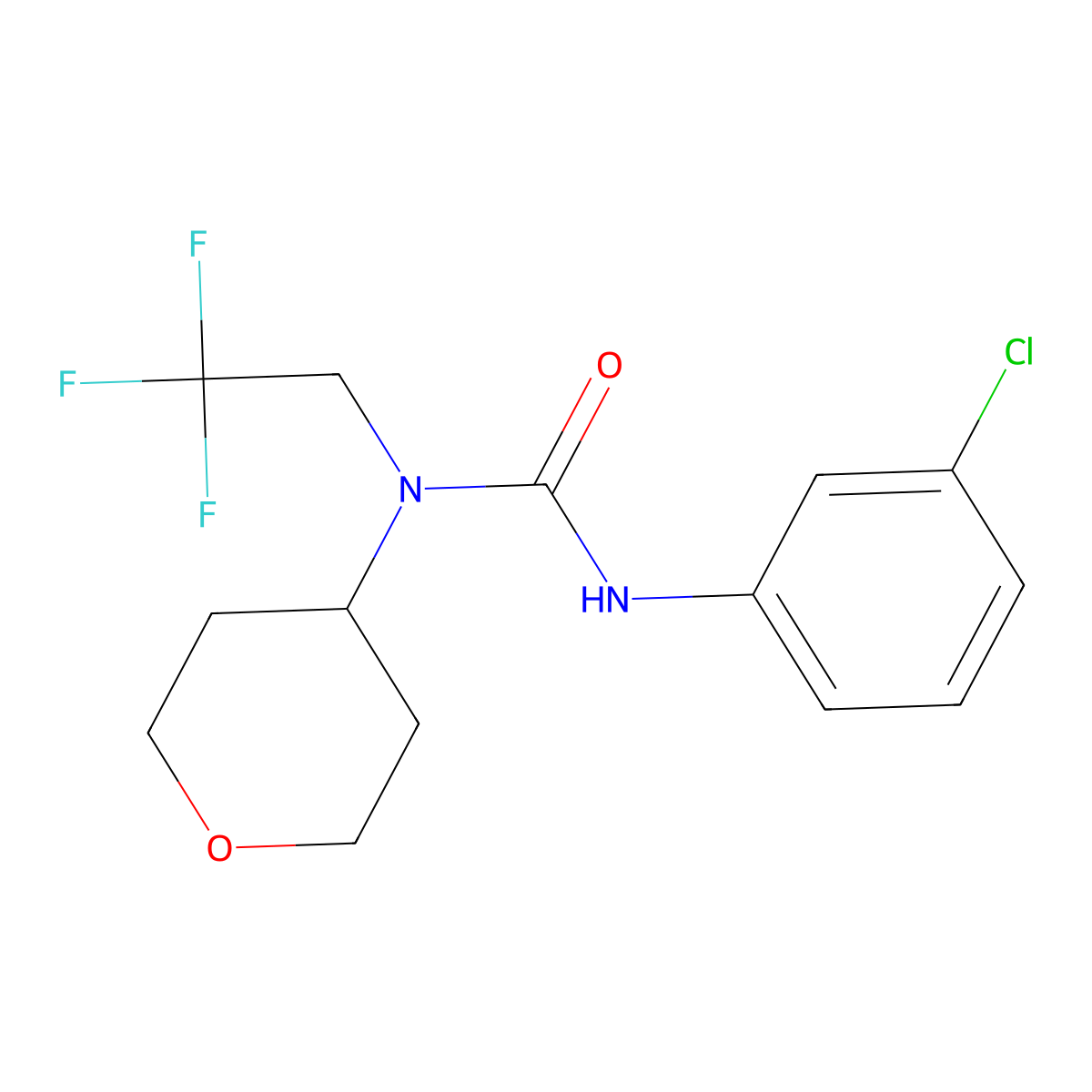 3-(3-chlorophenyl)-1-(tetrahydro-2H-pyran-4-yl)-1-(2,2,2-trifluoroethyl)urea molecular structure, CAS 1396760-39-6