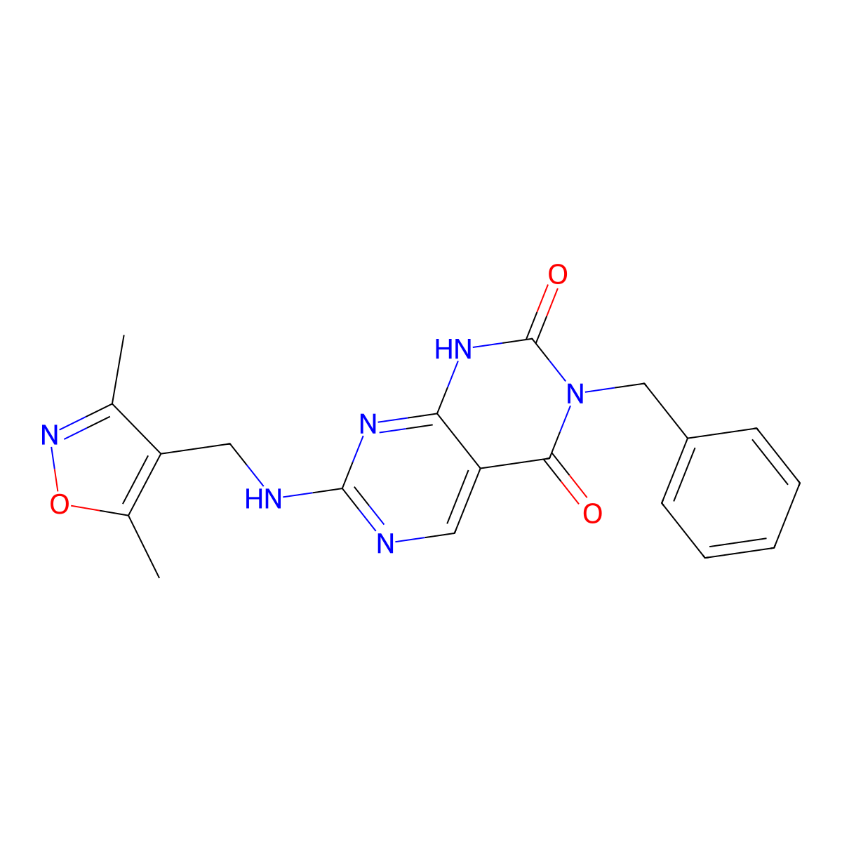 3-benzyl-7-{[(3,5-dimethylisoxazol-4-yl)methyl]amino}pyrimido[4,5-d]pyrimidine-2,4(1H,3H)-dione molecular structure, CAS 1396760-41-0