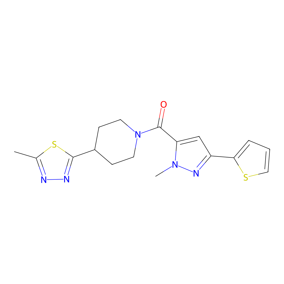 (4-(5-methyl-1,3,4-thiadiazol-2-yl)piperidin-1-yl)(1-methyl-3-(thiophen-2-yl)-1H-pyrazol-5-yl)methanone molecular structure, CAS 1396760-43-2
