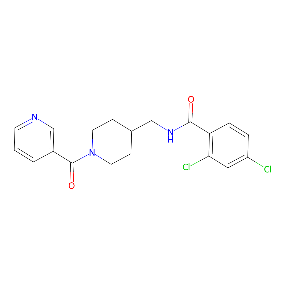 2,4-dichloro-N-((1-nicotinoylpiperidin-4-yl)methyl)benzamide molecular structure, CAS 1396760-51-2