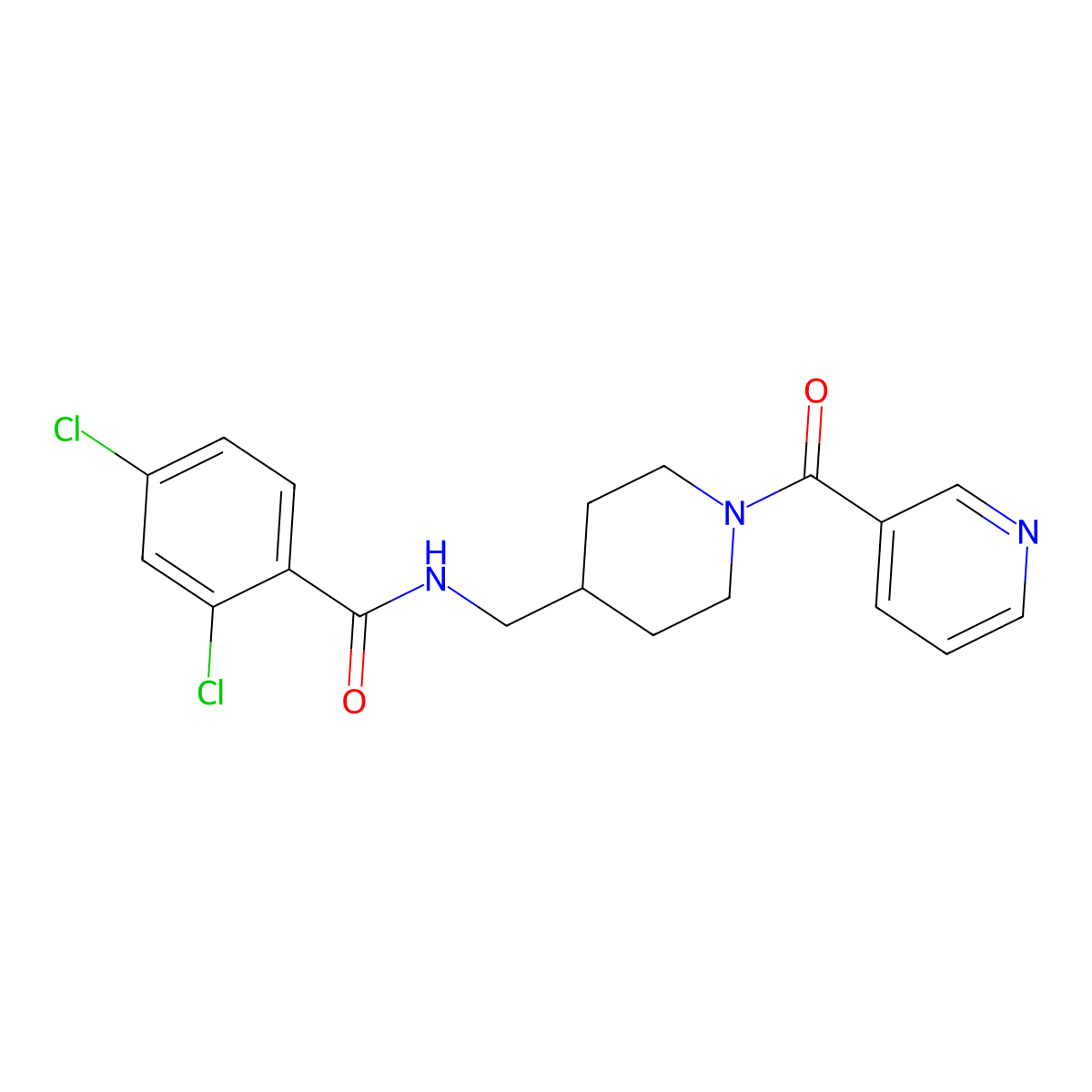 2,4-dichloro-N-((1-nicotinoylpiperidin-4-yl)methyl)benzamide molecular structure, CAS 1396760-51-2