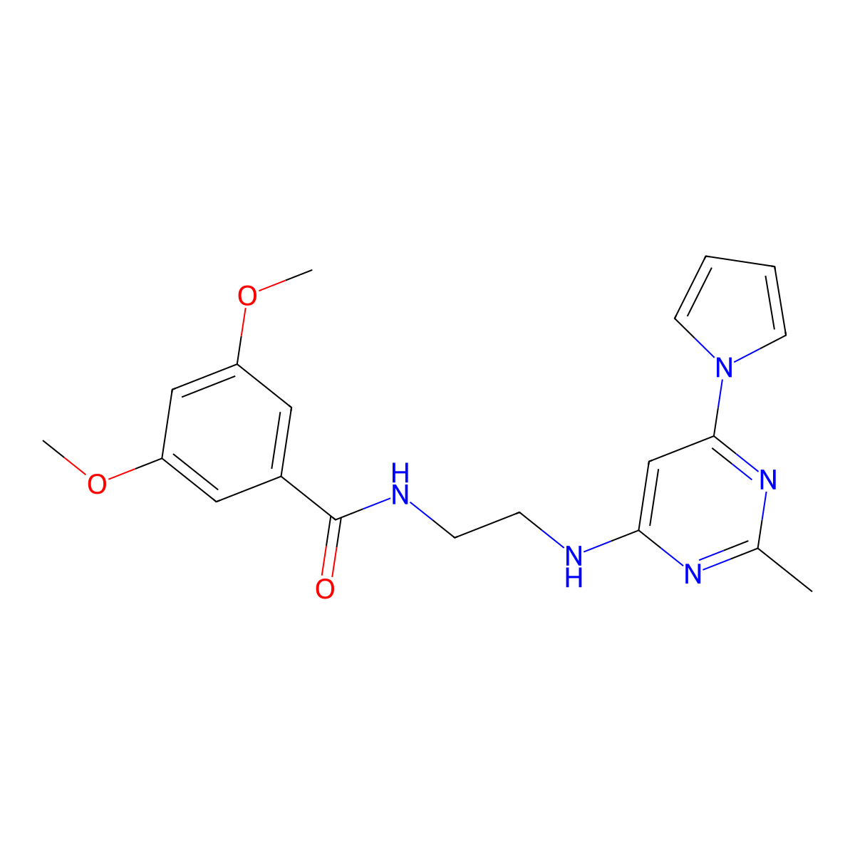 3,5-dimethoxy-N-(2-{[2-methyl-6-(1H-pyrrol-1-yl)pyrimidin-4-yl]amino}ethyl)benzamide molecular structure, CAS 1396760-56-7
