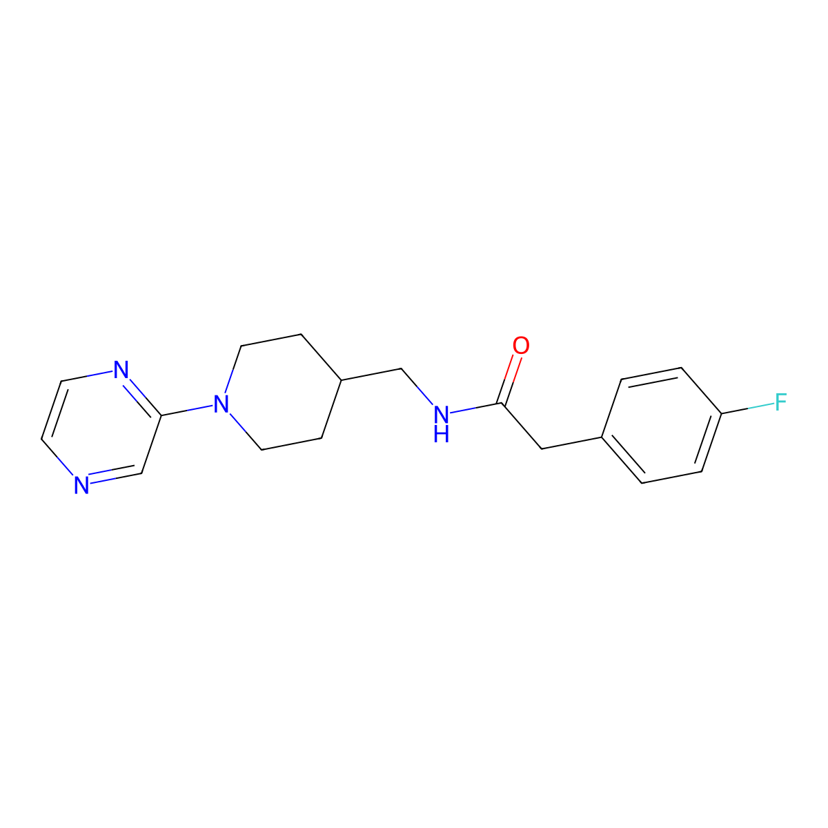 2-(4-fluorophenyl)-N-((1-(pyrazin-2-yl)piperidin-4-yl)methyl)acetamide molecular structure, CAS 1396760-64-7