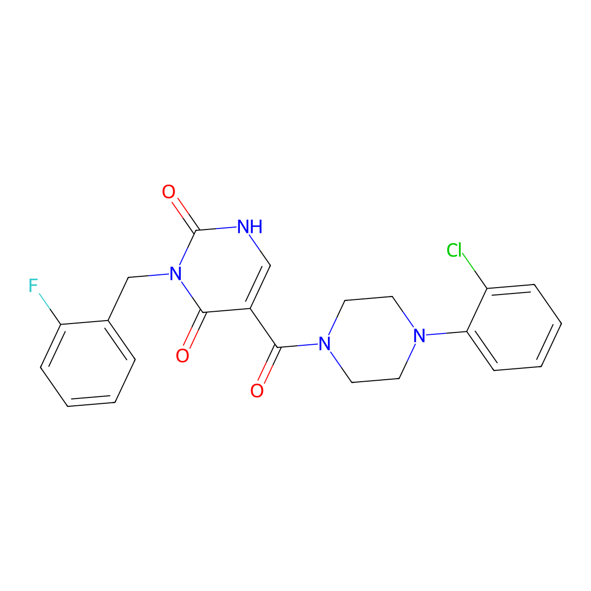 5-(4-(2-chlorophenyl)piperazine-1-carbonyl)-3-(2-fluorobenzyl)pyrimidine-2,4(1H,3H)-dione molecular structure, CAS 1396760-66-9