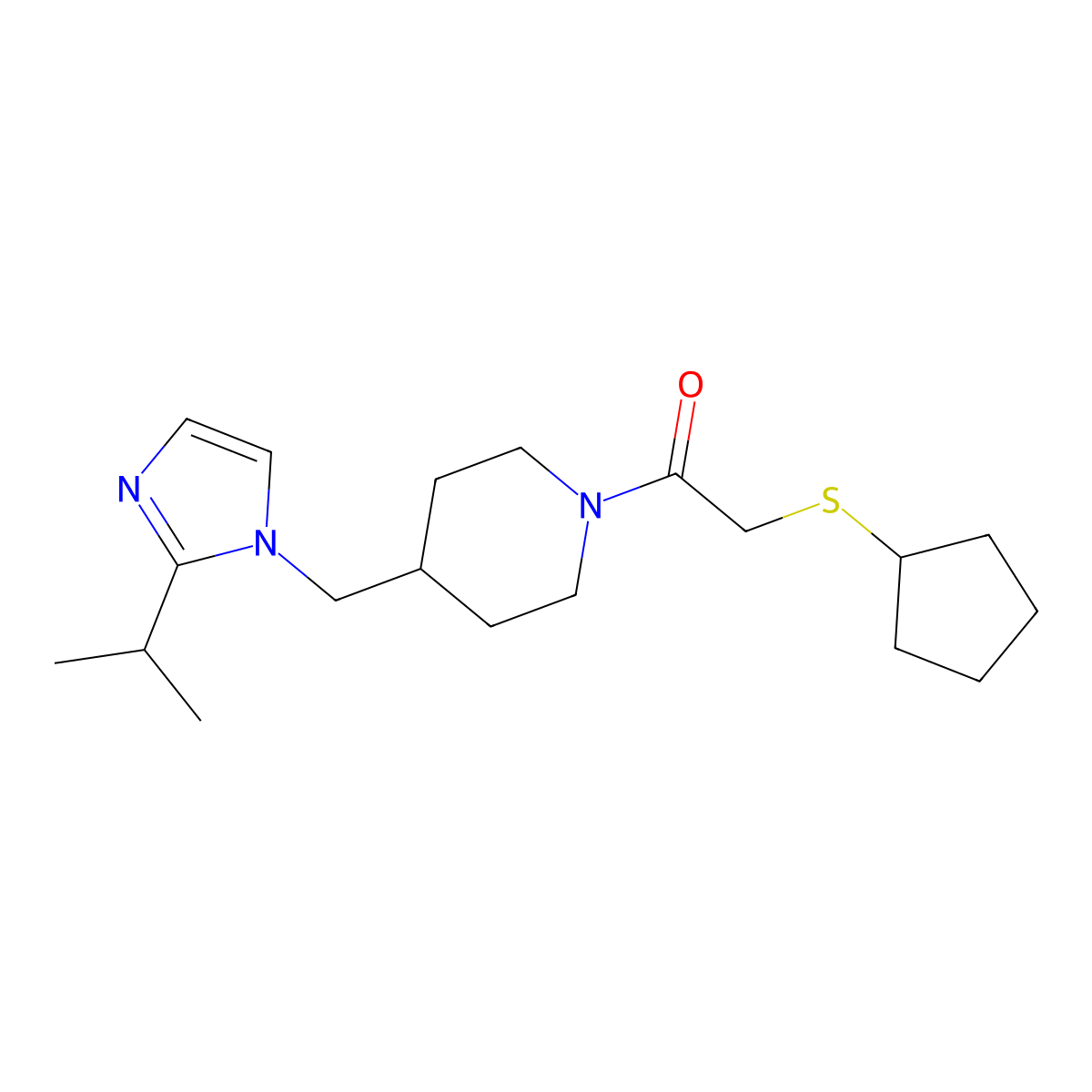 2-(cyclopentylthio)-1-(4-((2-isopropyl-1H-imidazol-1-yl)methyl)piperidin-1-yl)ethanone molecular structure, CAS 1396760-88-5
