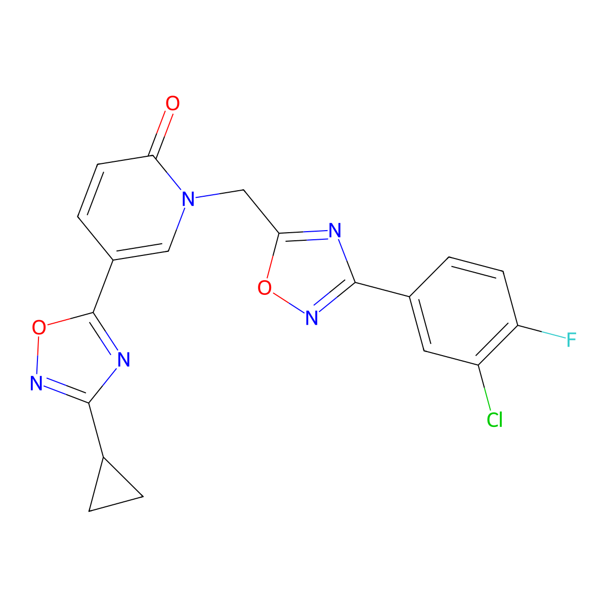 1-{[3-(3-Chloro-4-fluorophenyl)-1,2,4-oxadiazol-5-yl]methyl}-5-(3-cyclopropyl-1,2,4-oxadiazol-5-yl)-1,2-dihydropyridin-2-one molecular structure, CAS 1396761-04-8