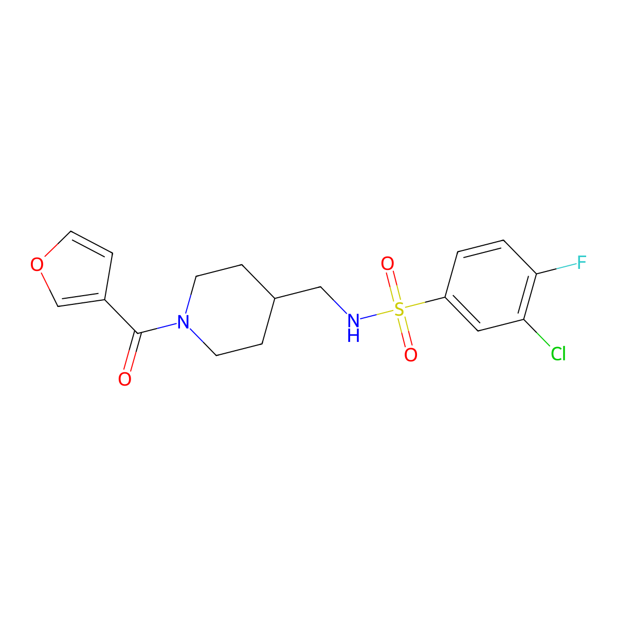 3-chloro-4-fluoro-N-((1-(furan-3-carbonyl)piperidin-4-yl)methyl)benzenesulfonamide molecular structure, CAS 1396761-07-1