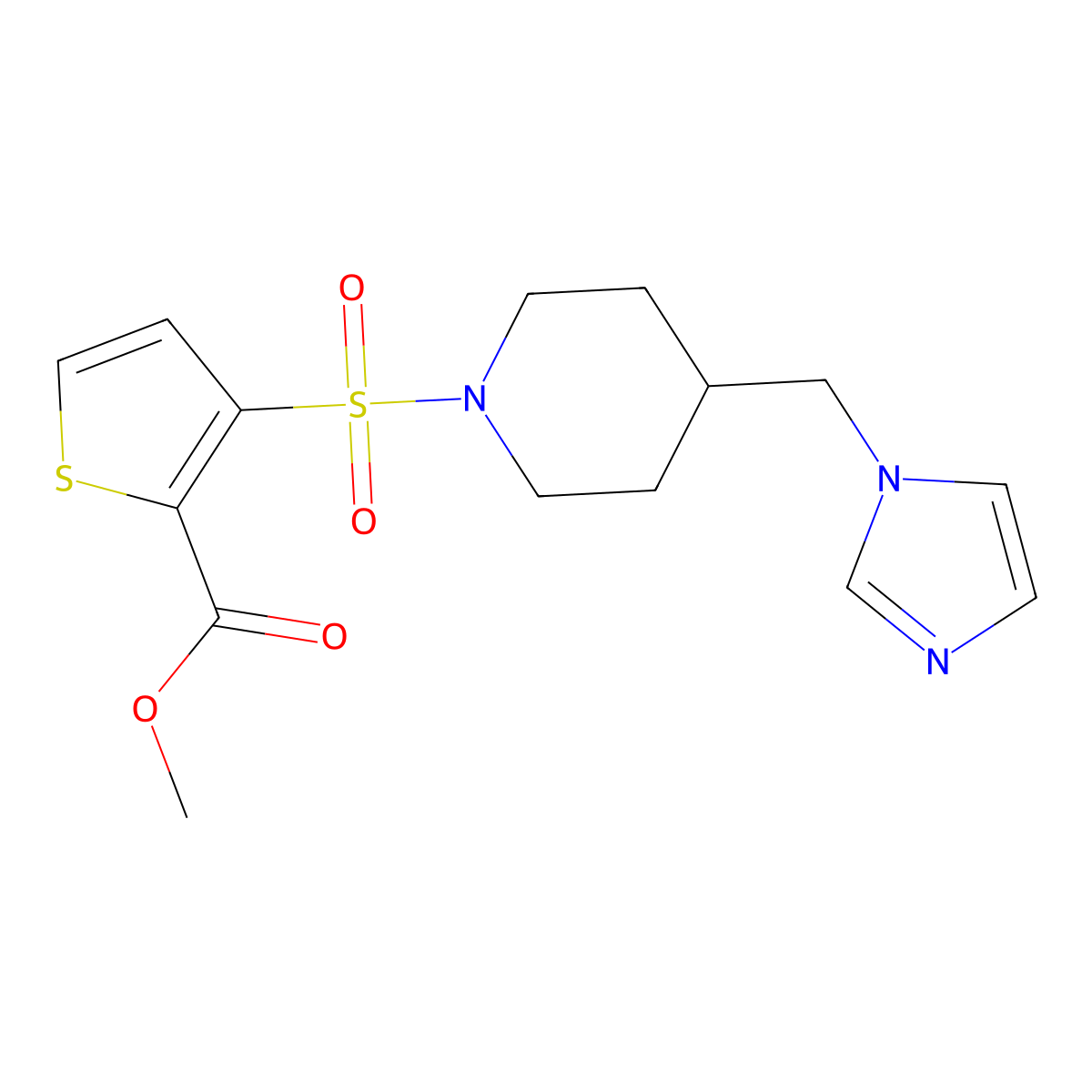 methyl 3-({4-[(1H-imidazol-1-yl)methyl]piperidin-1-yl}sulfonyl)thiophene-2-carboxylate molecular structure, CAS 1396761-09-3