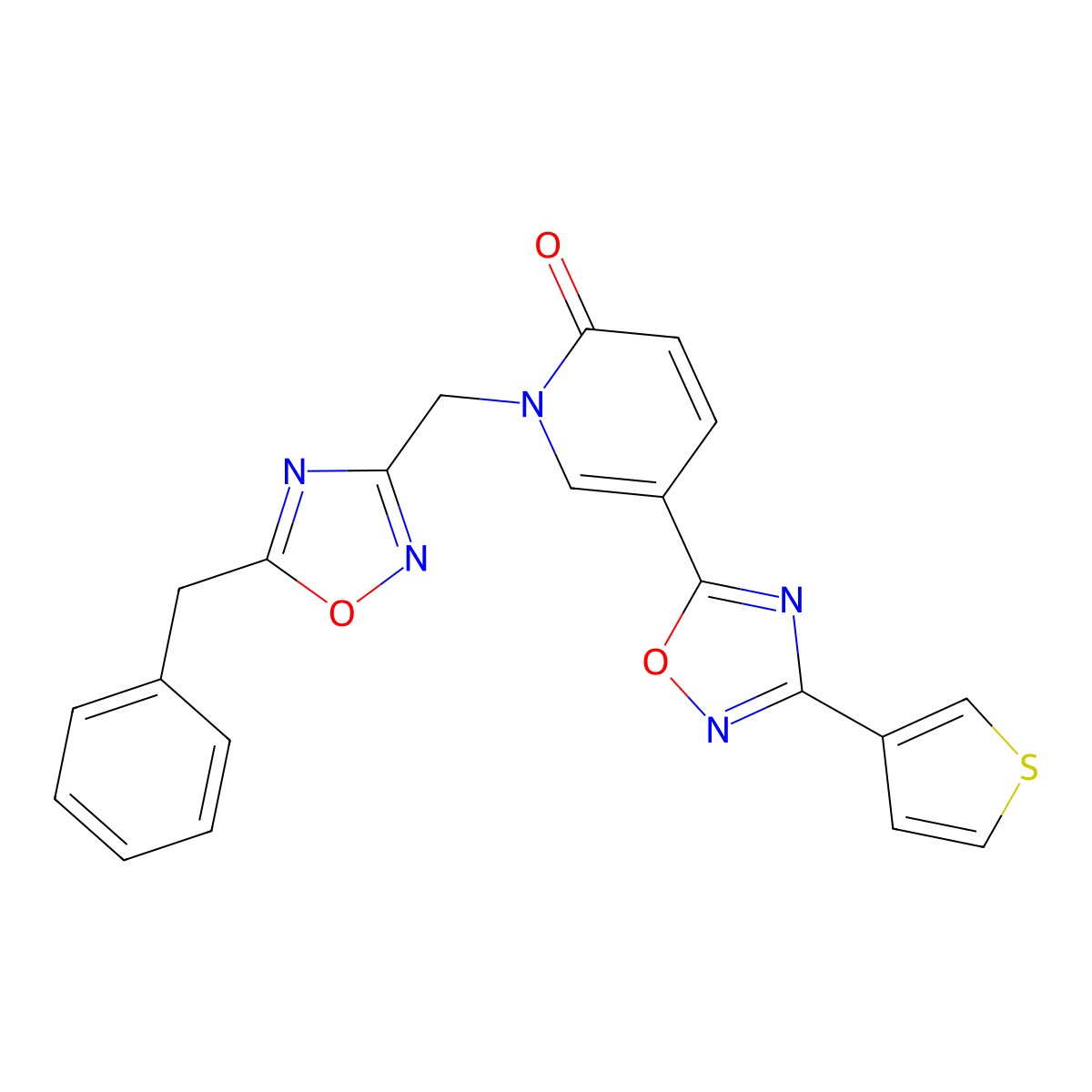 1-((5-benzyl-1,2,4-oxadiazol-3-yl)methyl)-5-(3-(thiophen-3-yl)-1,2,4-oxadiazol-5-yl)pyridin-2(1H)-one molecular structure, CAS 1396761-12-8