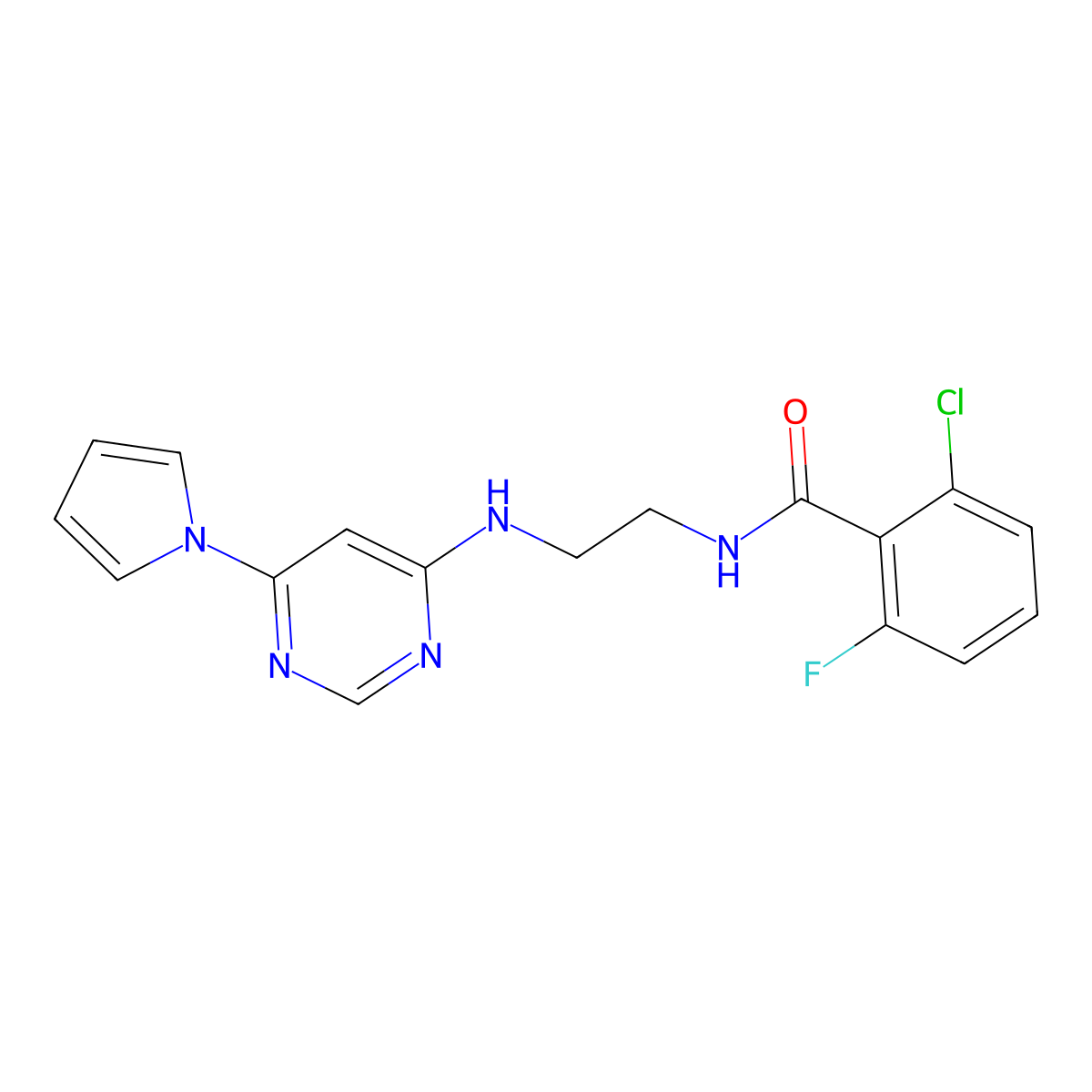 2-chloro-6-fluoro-N-(2-{[6-(1H-pyrrol-1-yl)pyrimidin-4-yl]amino}ethyl)benzamide molecular structure, CAS 1396761-16-2